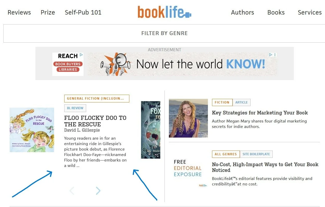 Screenshot of a webpage from BookLife website, showing various book reviews and articles, with navigation menu including Reviews, Prize, Self-Pub 101, Authors, Books, Services.