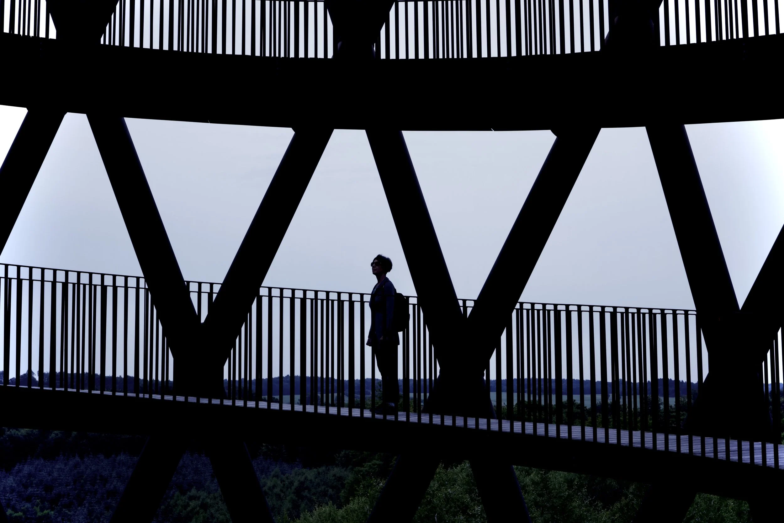 Silhouette of a person standing on a walkway inside a large, metal observation tower with a geometric lattice structure, against a cloudy sky.