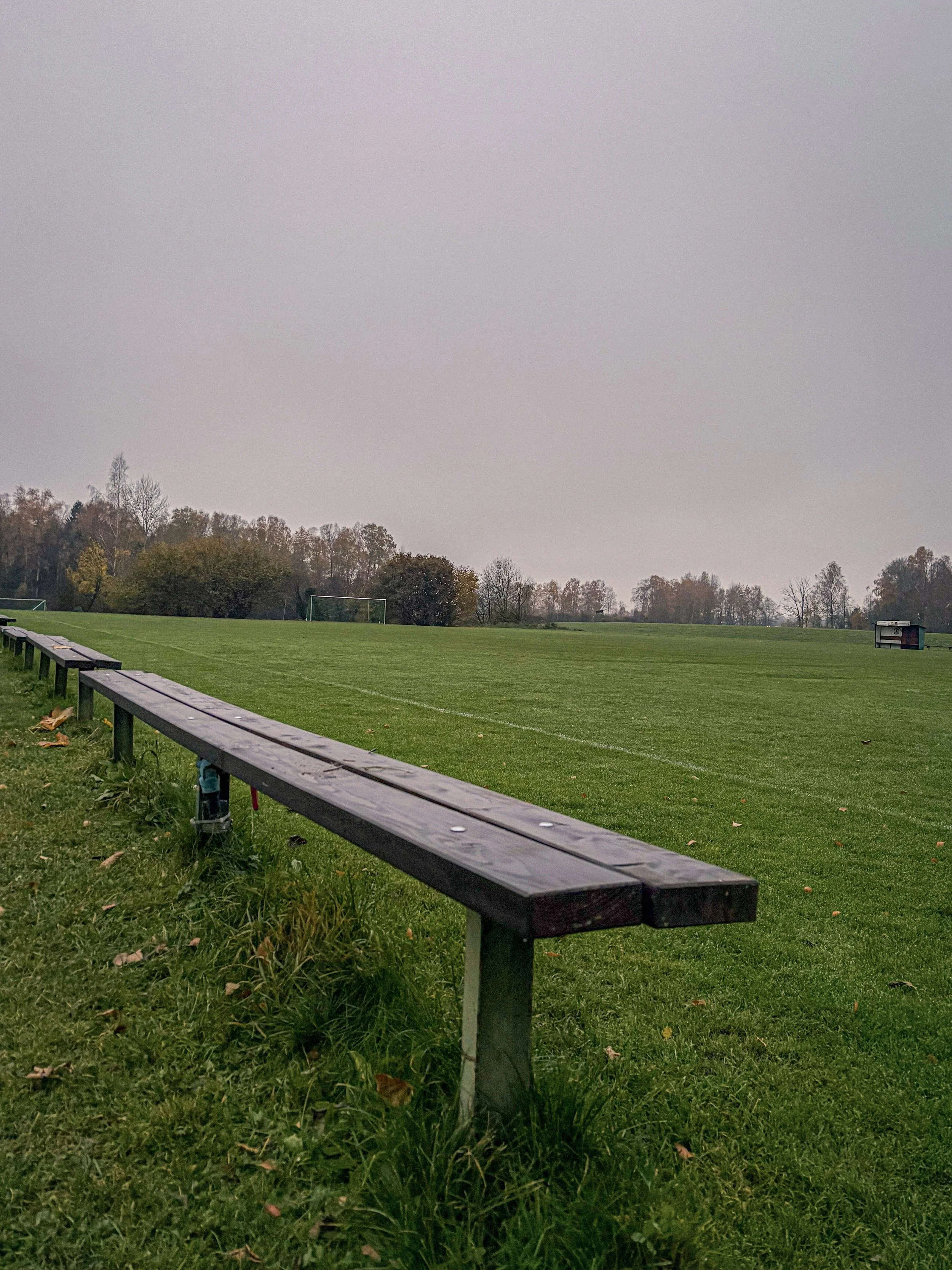 Empty green sports field with benches along the sidelines and trees in the background under a cloudy sky.