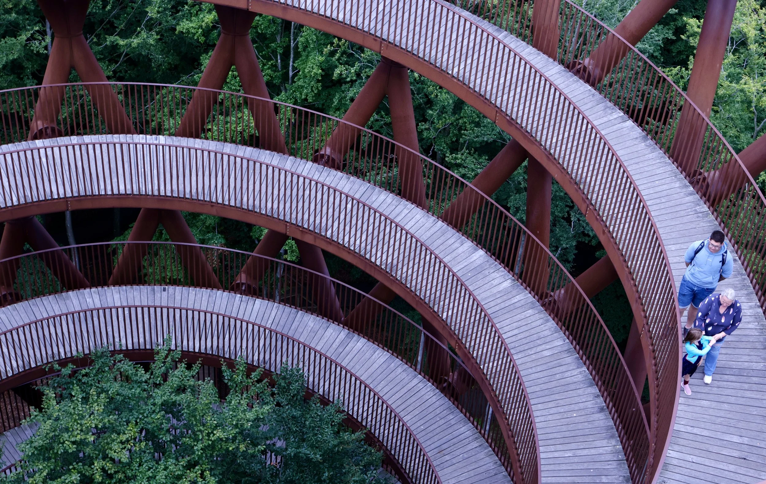 A spiraling wooden walkway with red railings winds through a forested area, with three people walking on it.