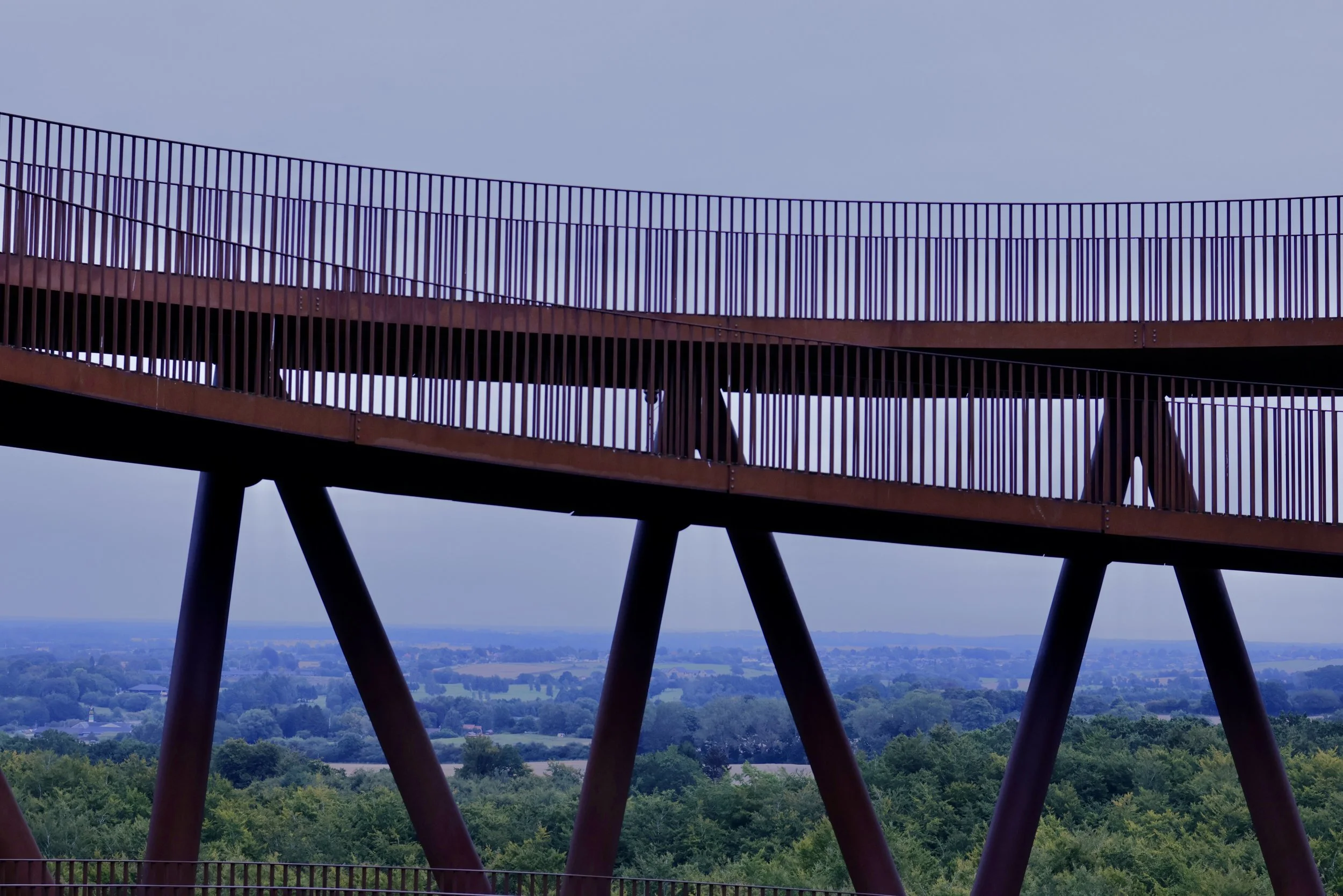A curving wooden walkway with vertical slats serving as a railing, set high above green trees and a distant landscape under a clear sky.