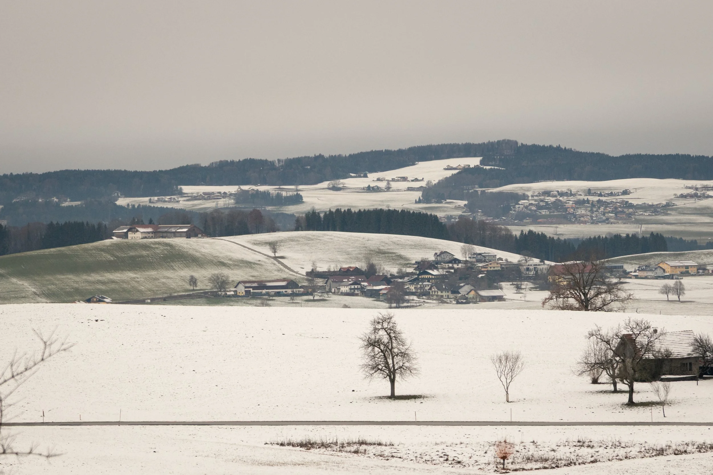 Snow-covered rural landscape with scattered trees, village houses, and hills in the background under an overcast sky.