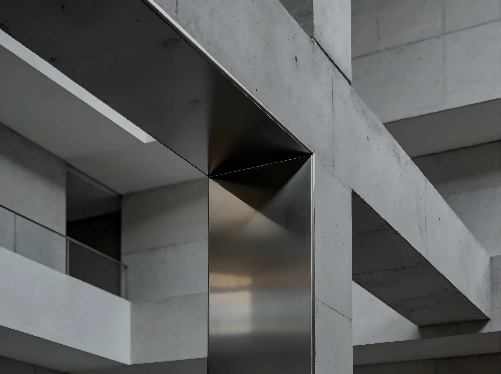 Close-up of concrete and metal architectural structures with angled lines and modern design.