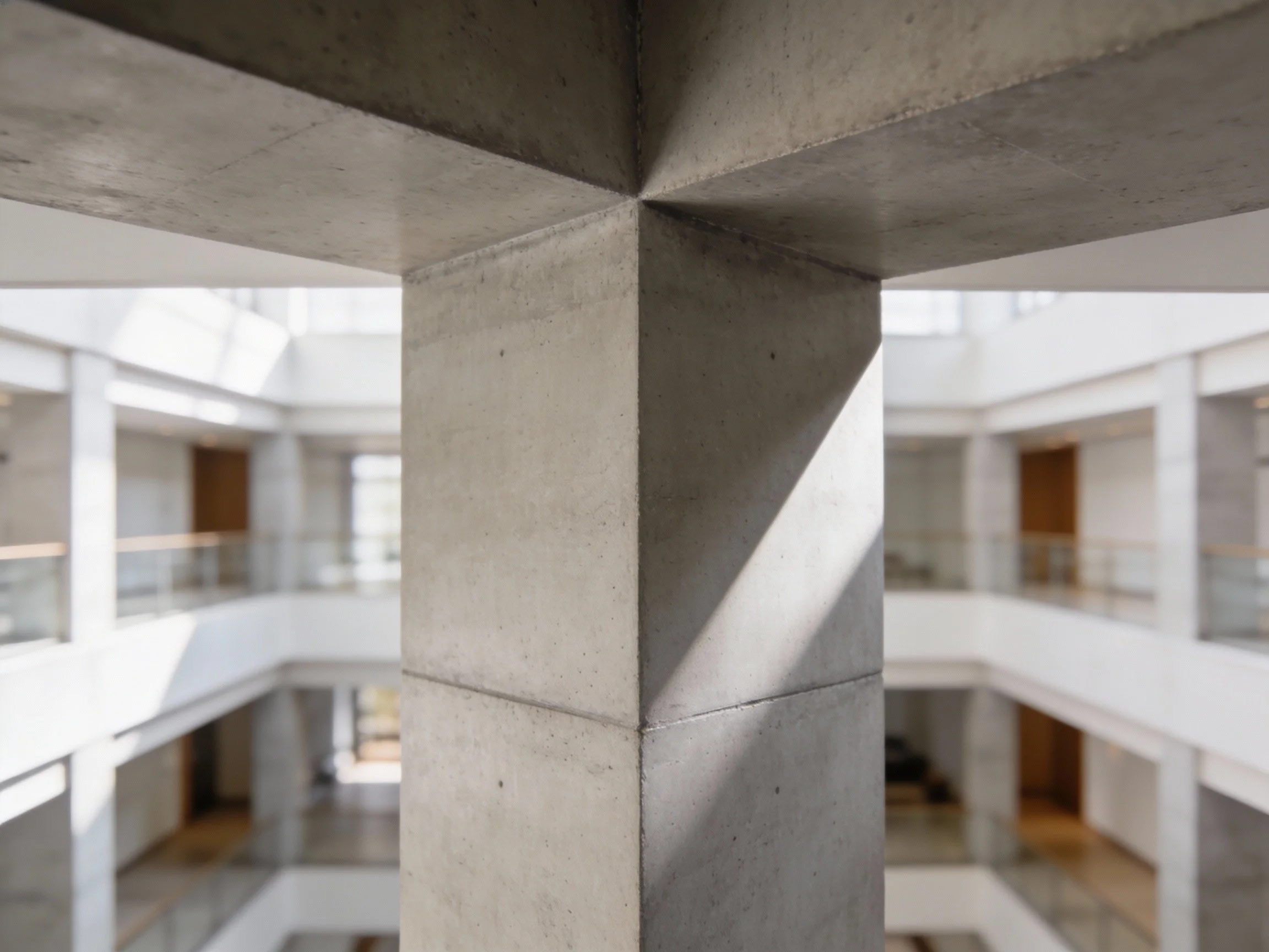 Close-up of a concrete column inside a modern building, with multiple floors and walkways visible in the background.