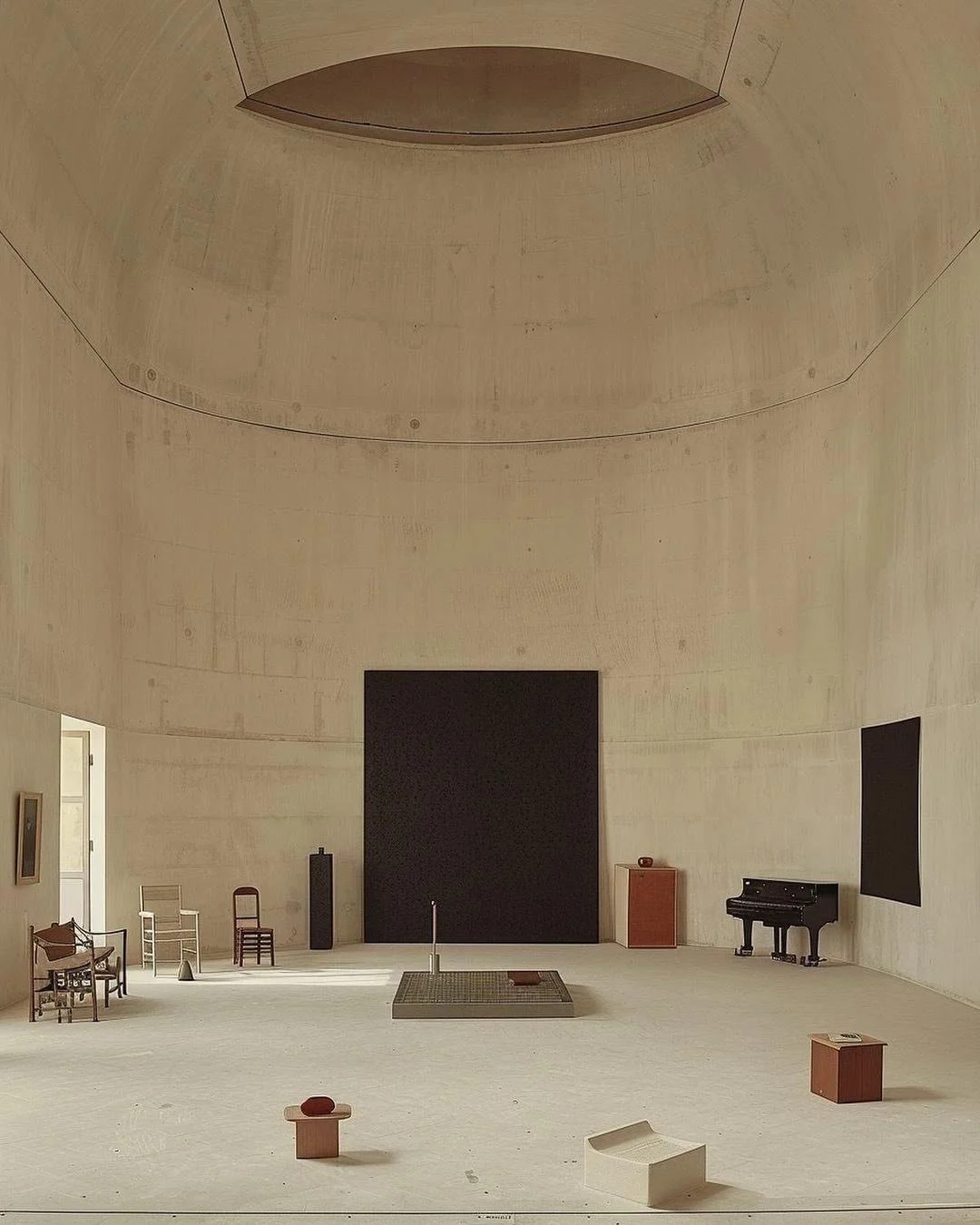 Minimalist interior space with a curved high ceiling, small chairs, a grand piano, and some geometric objects.