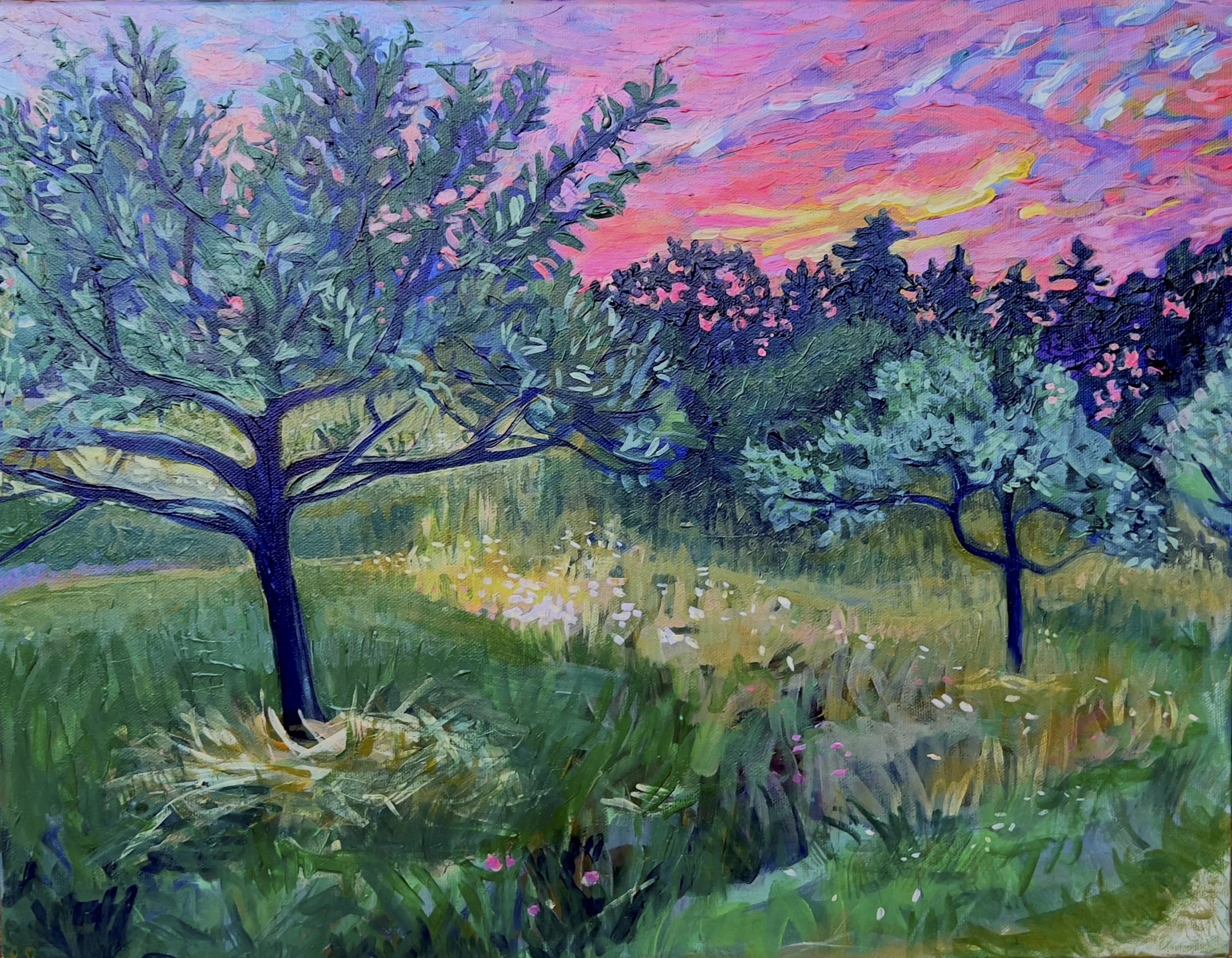 Sunset in the orchard
14x18
acrylic on canvas
2025
$525