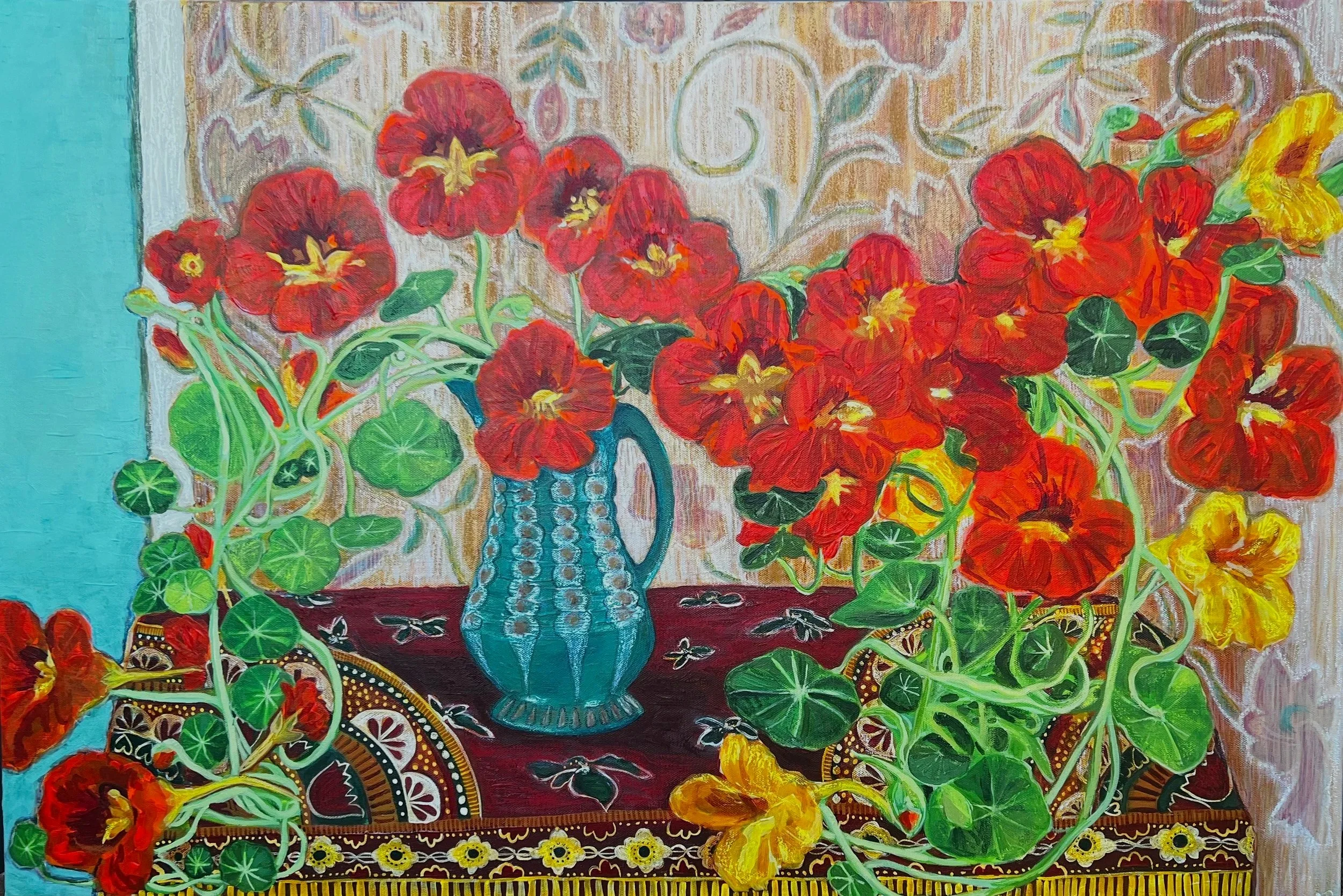 Nasturtiums and Curtins
24x36
acrylic, acrylic ink, oil sticks on canvas
2026
SOLD