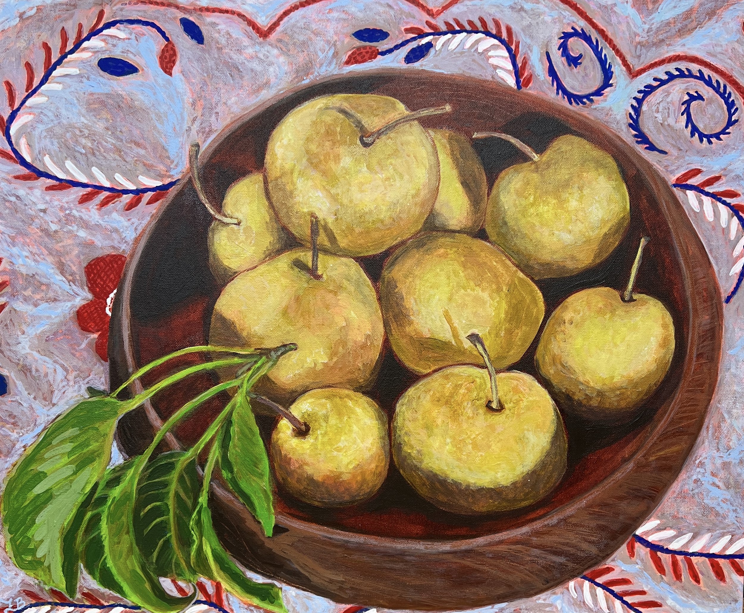 Asian Pears and Embroidery 
20x24
acrylic ink, acrylic on canvas
2026
$875