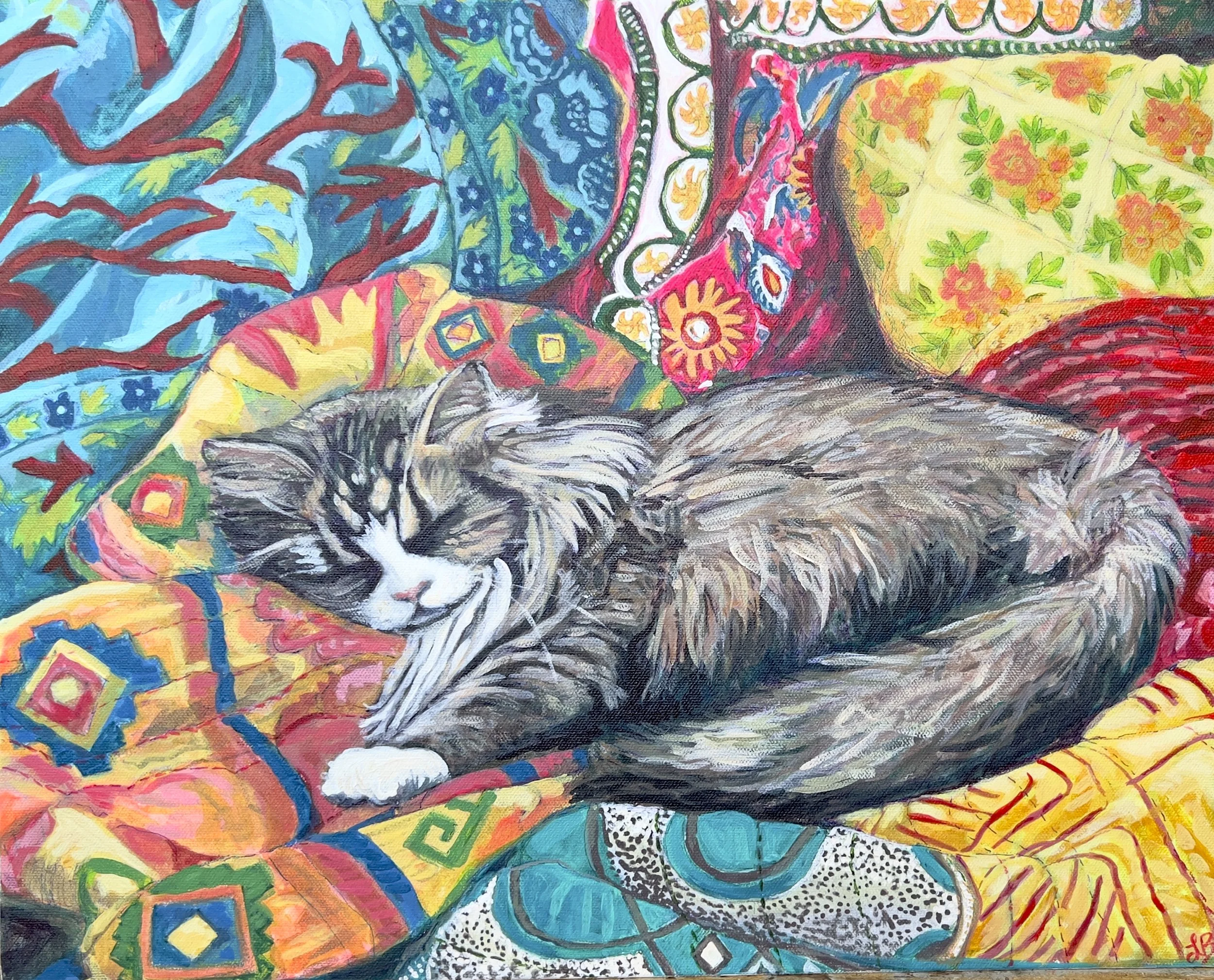 Hazel in quilts
20x16
acrylic ink, acrylic, pen on canvas
2025
$625