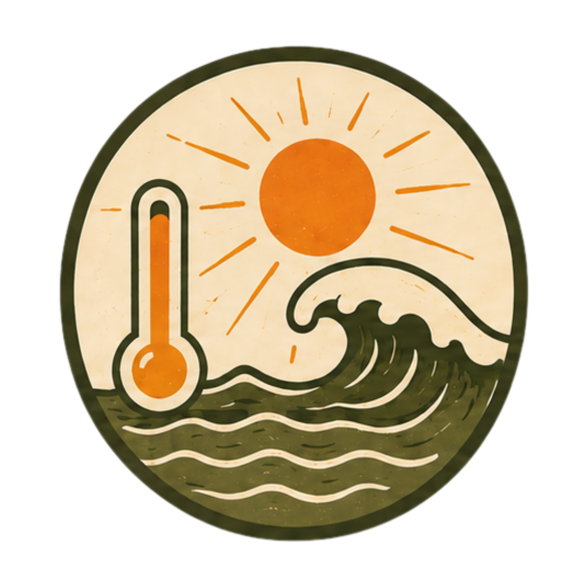 Vintage-style illustration of a thermometer and sun above ocean waves, representing Sergeant Citrus warm-water surf wax.