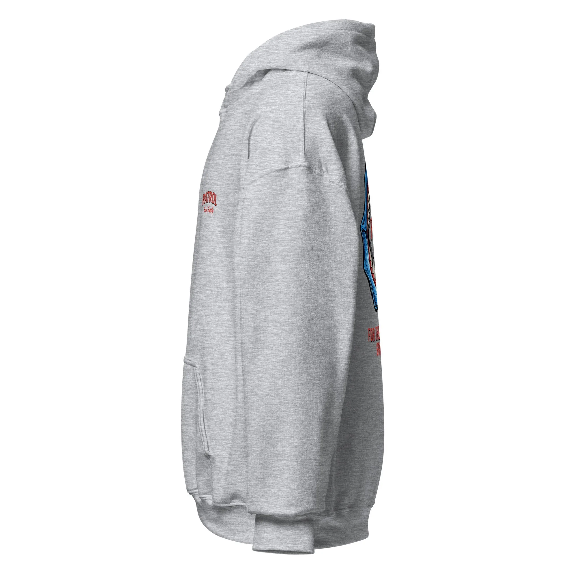 Left side profile view of a gray hoodie, no design elements on sleeve.