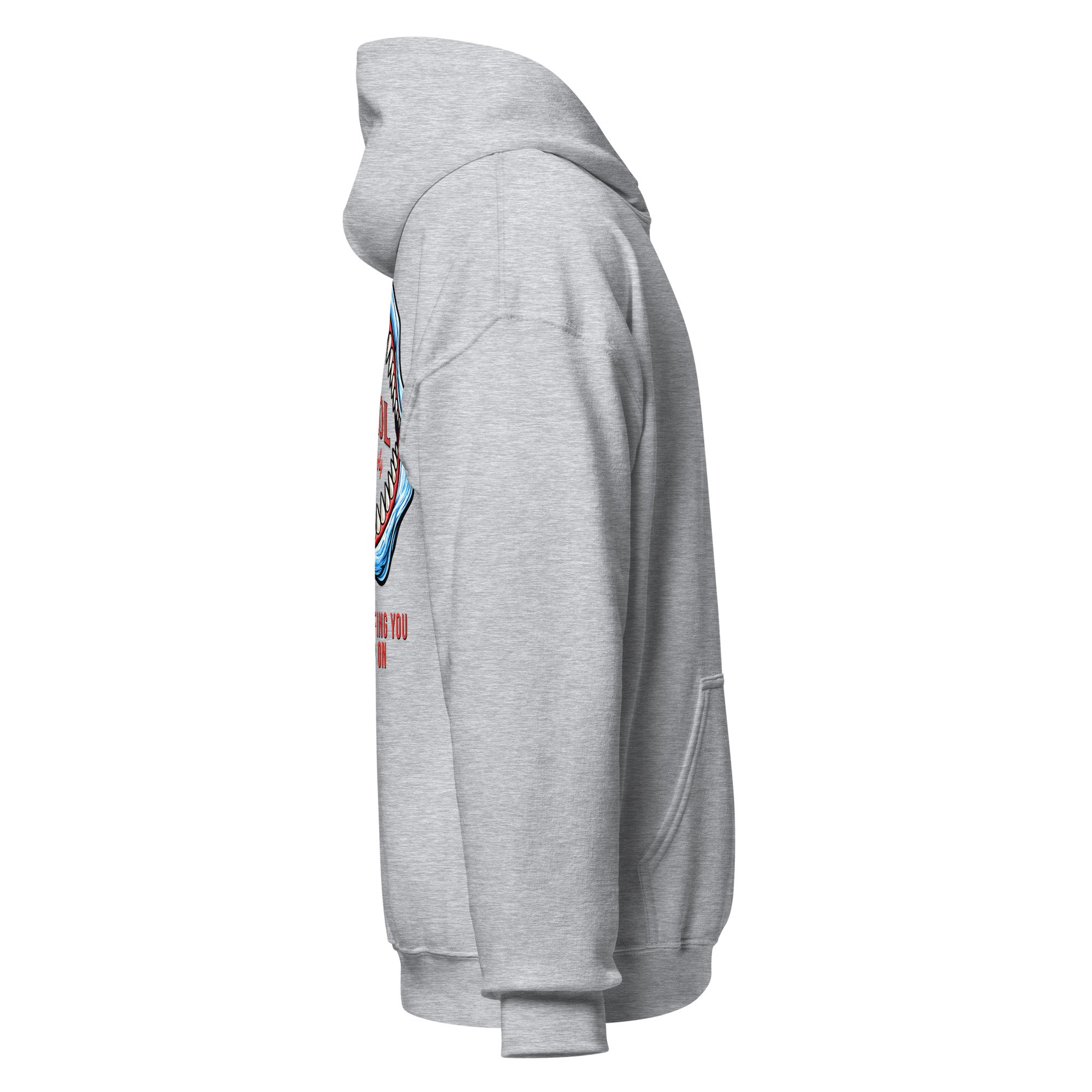 Right side profile view of a gray hoodie, no design elements on sleeve.