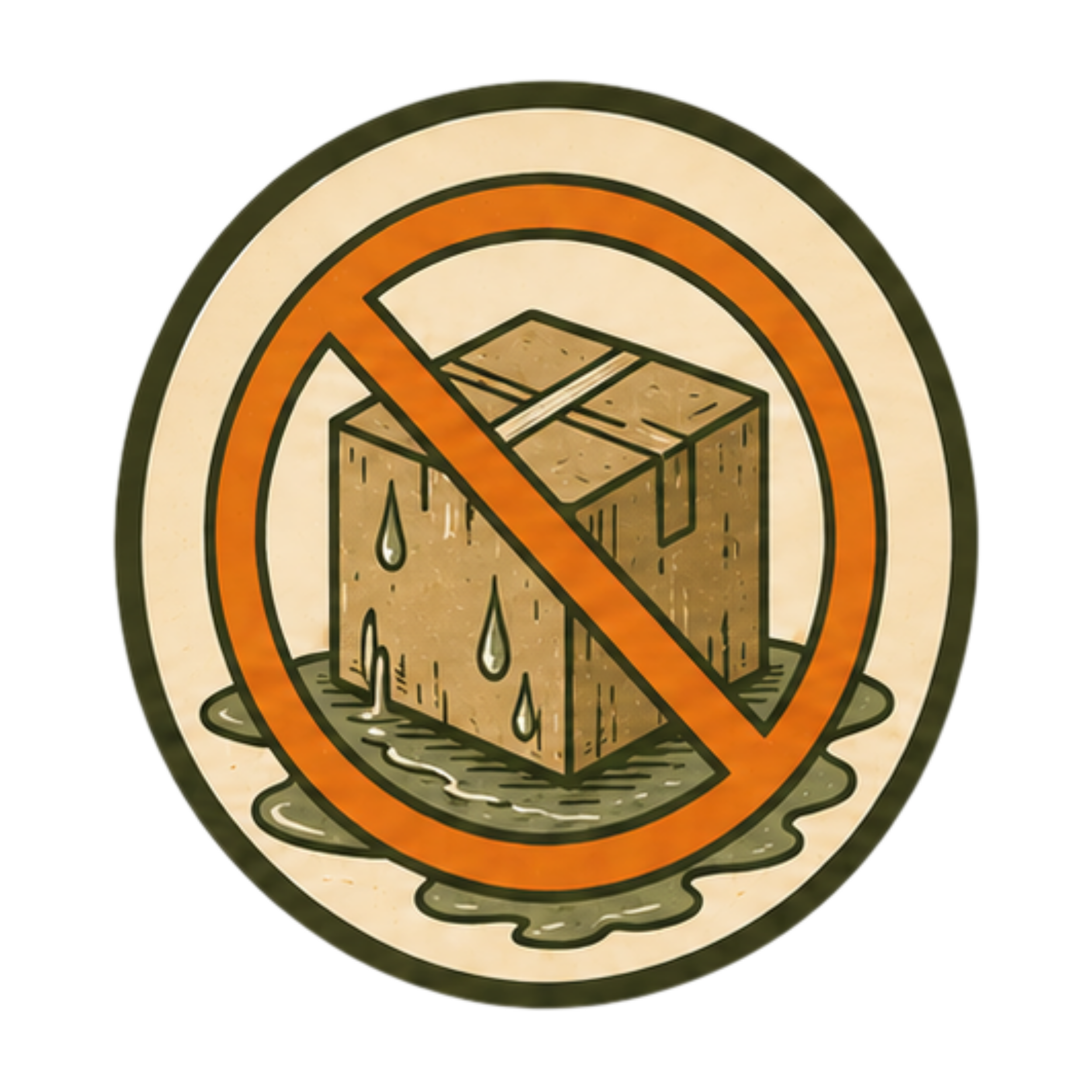 Vintage-style illustration of a wet, dripping cardboard box crossed out, representing Sergeant Citrus wax packaging that resists moisture.