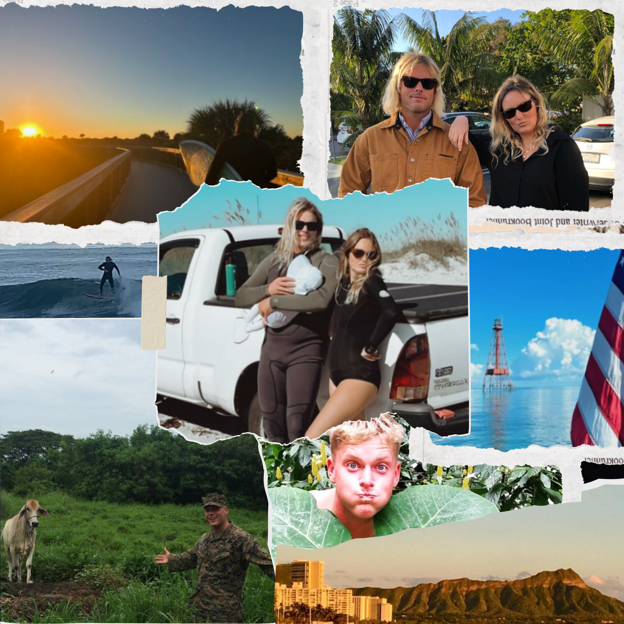 Collage of various outdoor and travel scenes including a sunset, a surfer, Josh & Shannon leaning against a truck with their child in their arms, an American flag, Josh in camouflage from the Marines, and Josh making a silly face behind a plant.