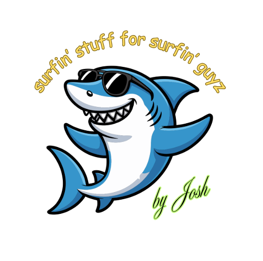 A cheeky joke logo my sister in law made us, which features a smiling shark cartoon with sunglasses on in the center underneath the text "surfin' stuff for surfin' guyz - by Josh".