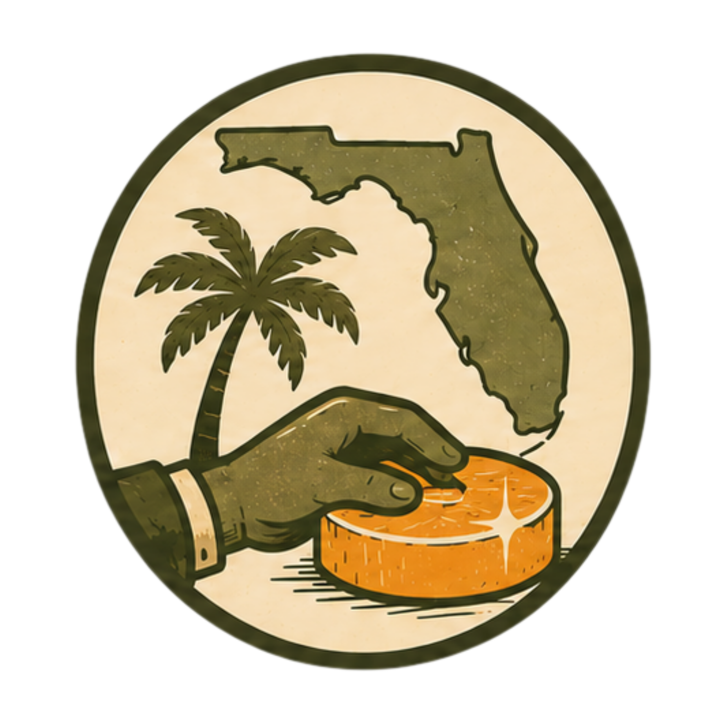 Vintage-style illustration of a hand holding an orange surf wax bar with a Florida outline and palm tree, representing Sergeant Citrus wax handcrafted in Florida.