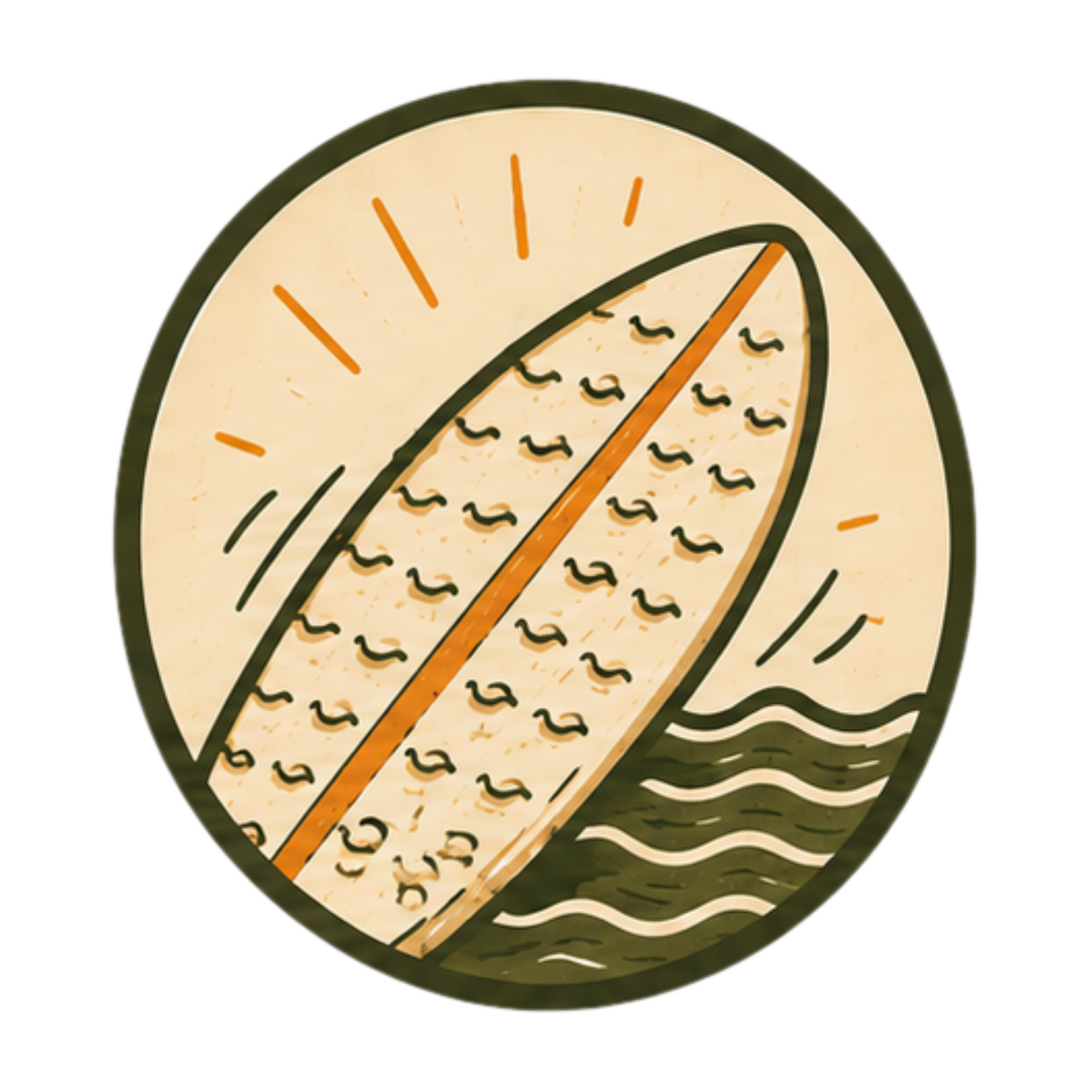 Vintage-style illustration of a surfboard over ocean waves, representing the reliable grip provided by Sergeant Citrus surf wax.
