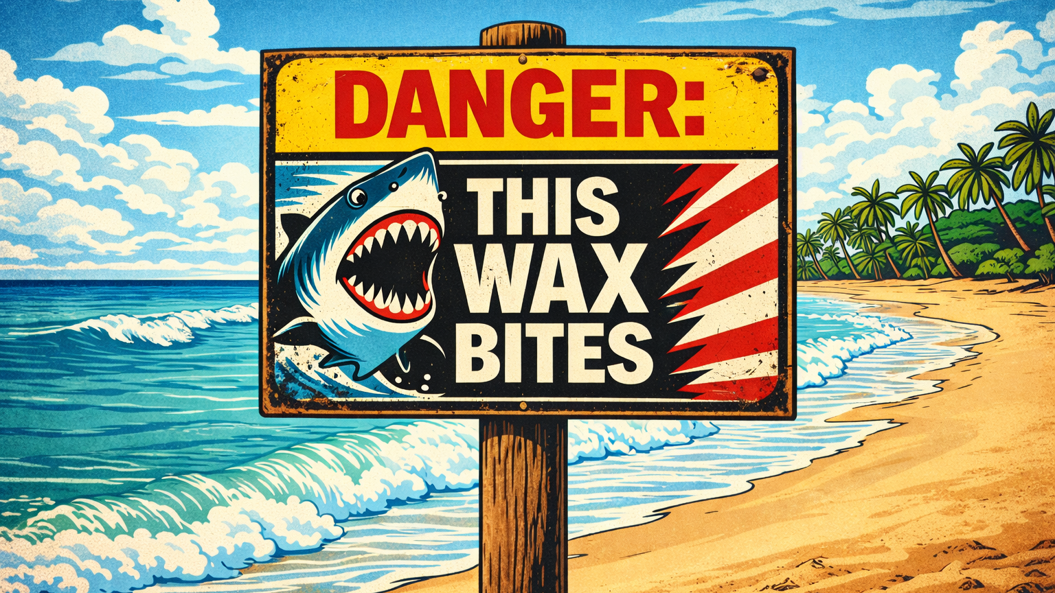 Cartoon style image of a warning sign on a beach, stating "DANGER: THIS WAX BITES".