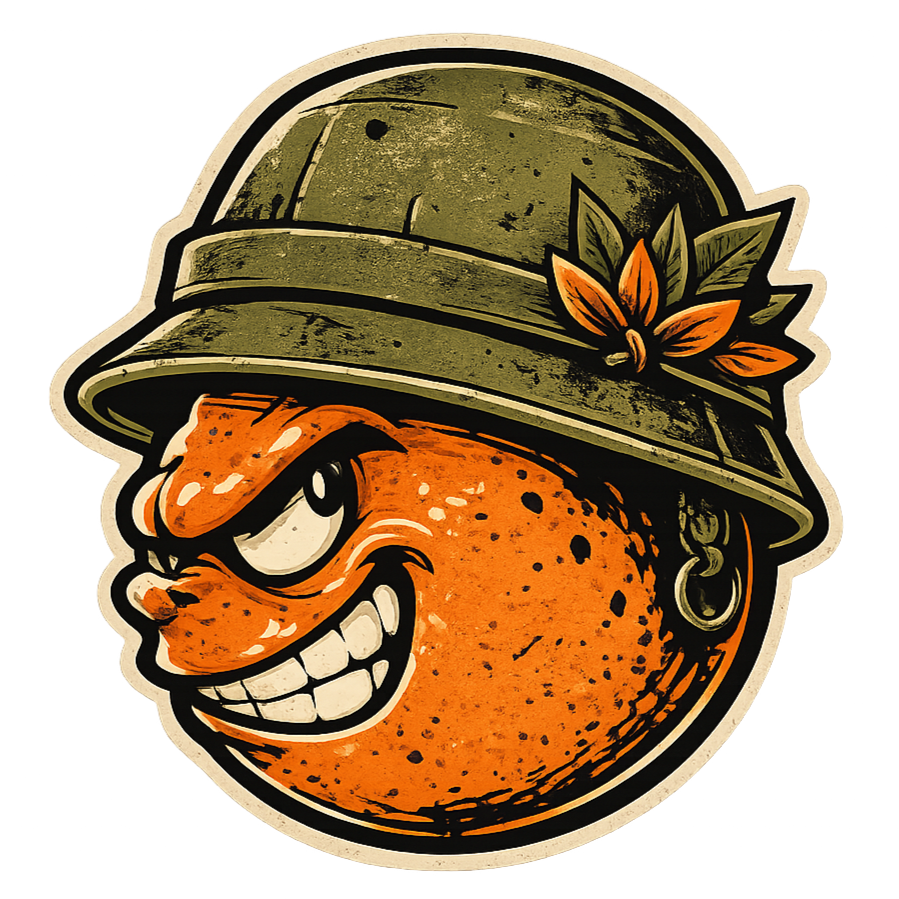 Sergeant Citrus Surf Wax logo featuring a distressed illustration of an orange wearing an olive green military hat.