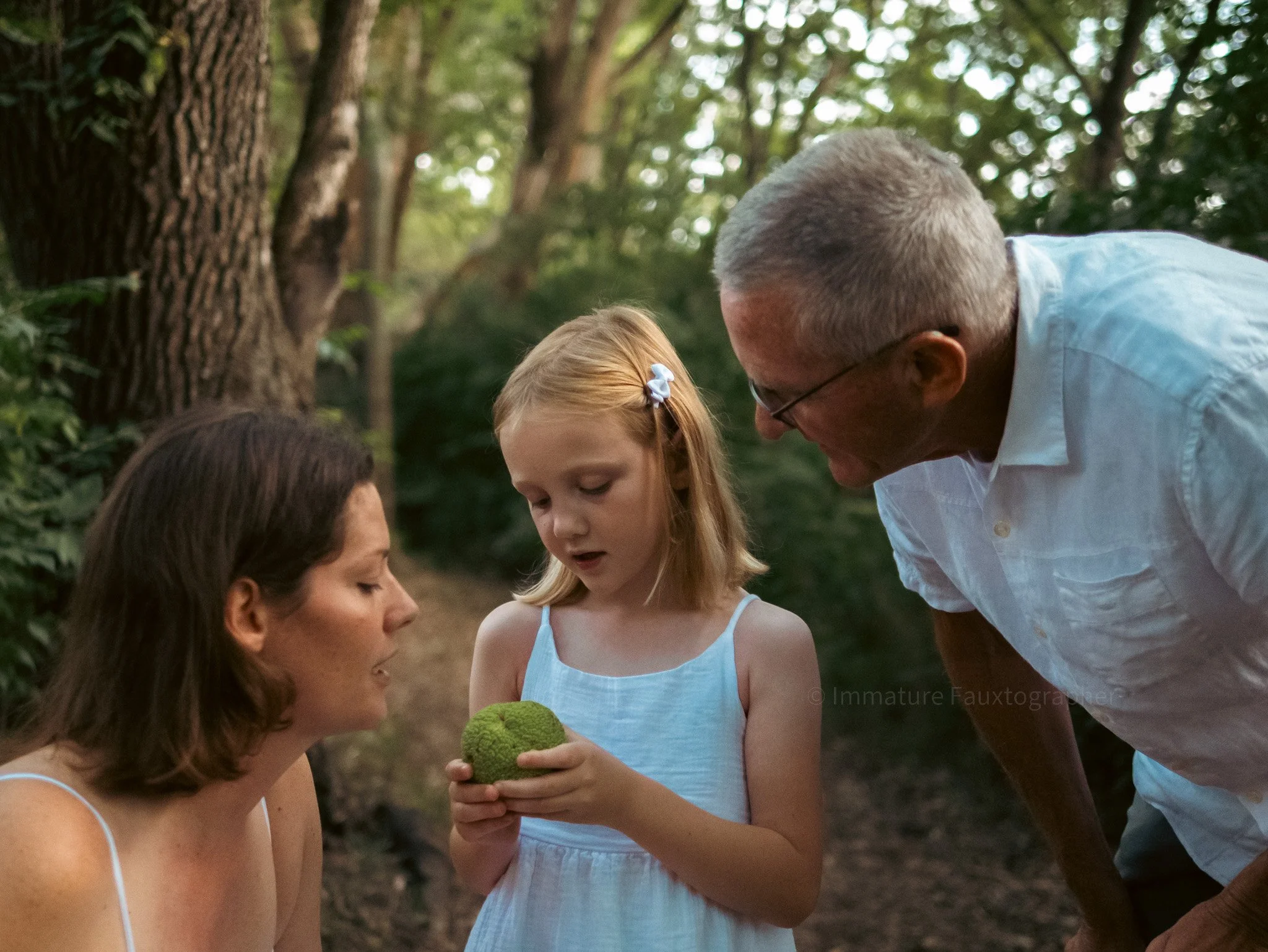 A girl showing a hedgeapple to her parents on a forest trail with trees and greenery around.