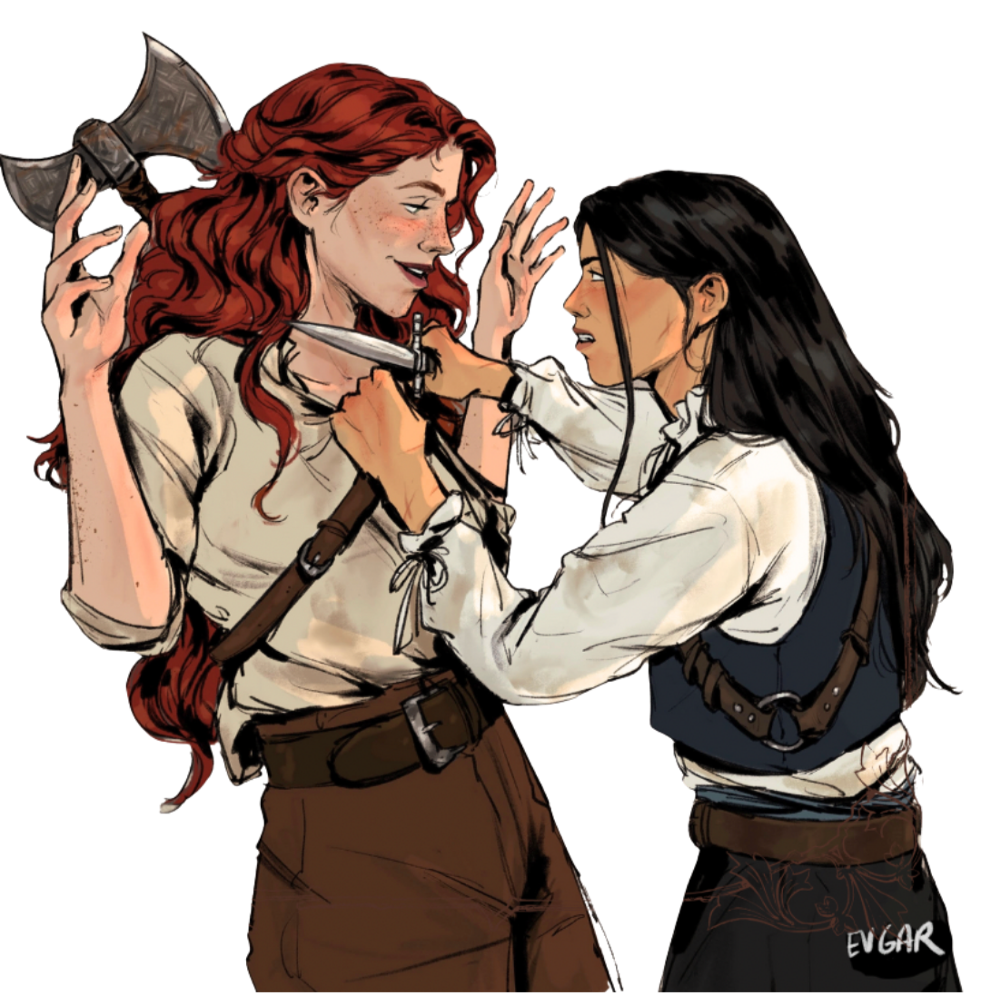 Drawing of two girls in pirate attire in an intense confrontation, one with long red hair and an axe on her back, the other with long black hair, holding a dagger to the other girl's throat.
