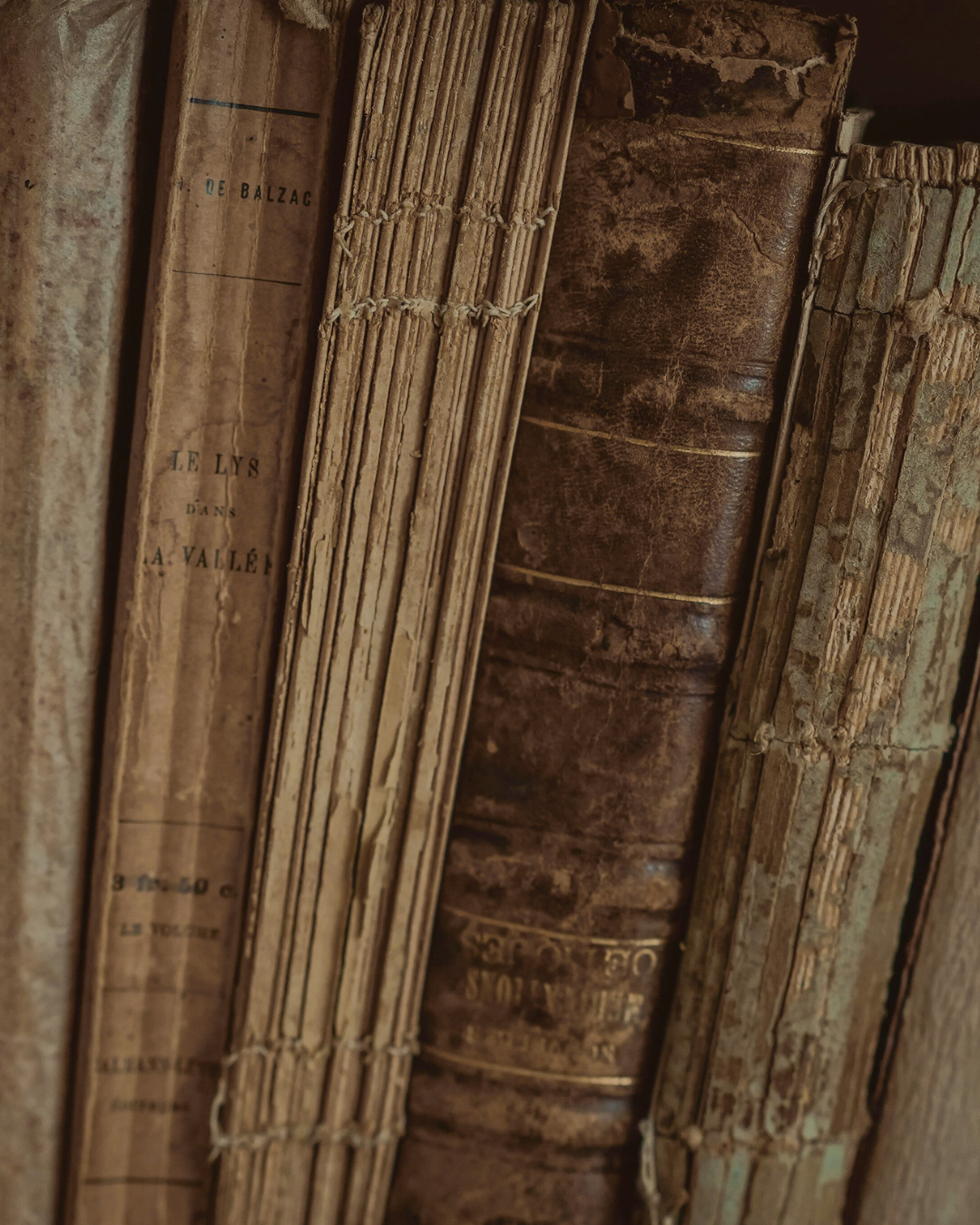 Close-up of old, worn leather-bound books on a shelf.