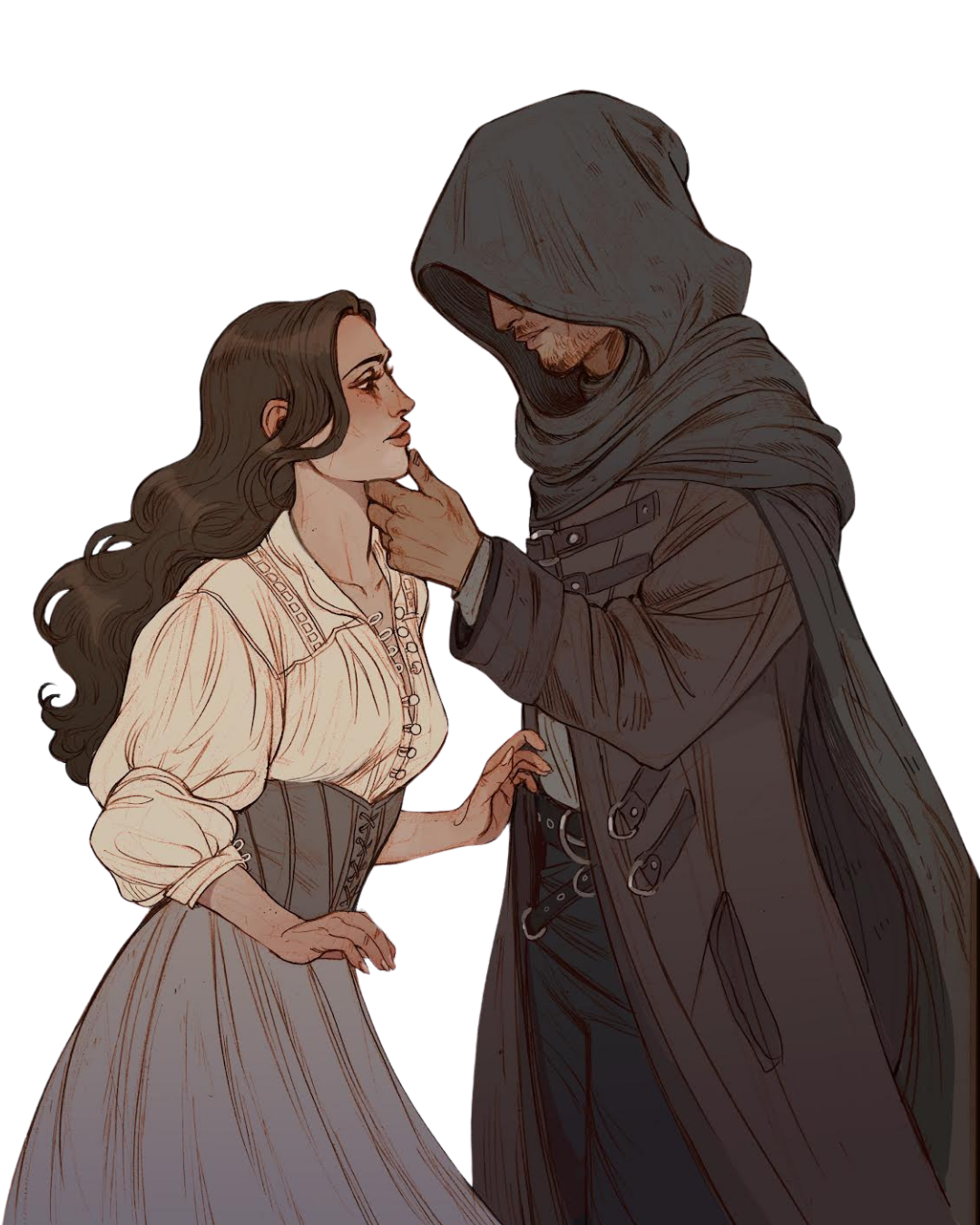 A man dressed as a dark, medieval or fantasy character with a hood, gently touches a woman's chin. The woman has long, wavy hair, freckles, and wears a vintage style dress with a corset. They stare into each other's eyes with a serious, intimate expression.