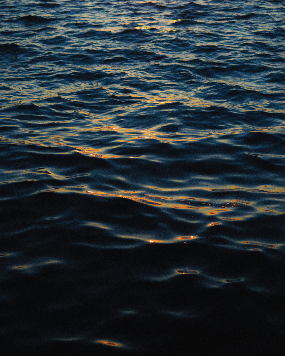 Dark ocean water with gentle ripples, reflecting the warm light of a sunset or sunrise.