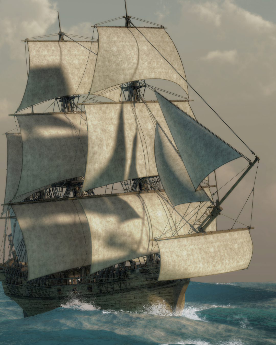 A large sailing ship with multiple sails catching the wind on the open sea.