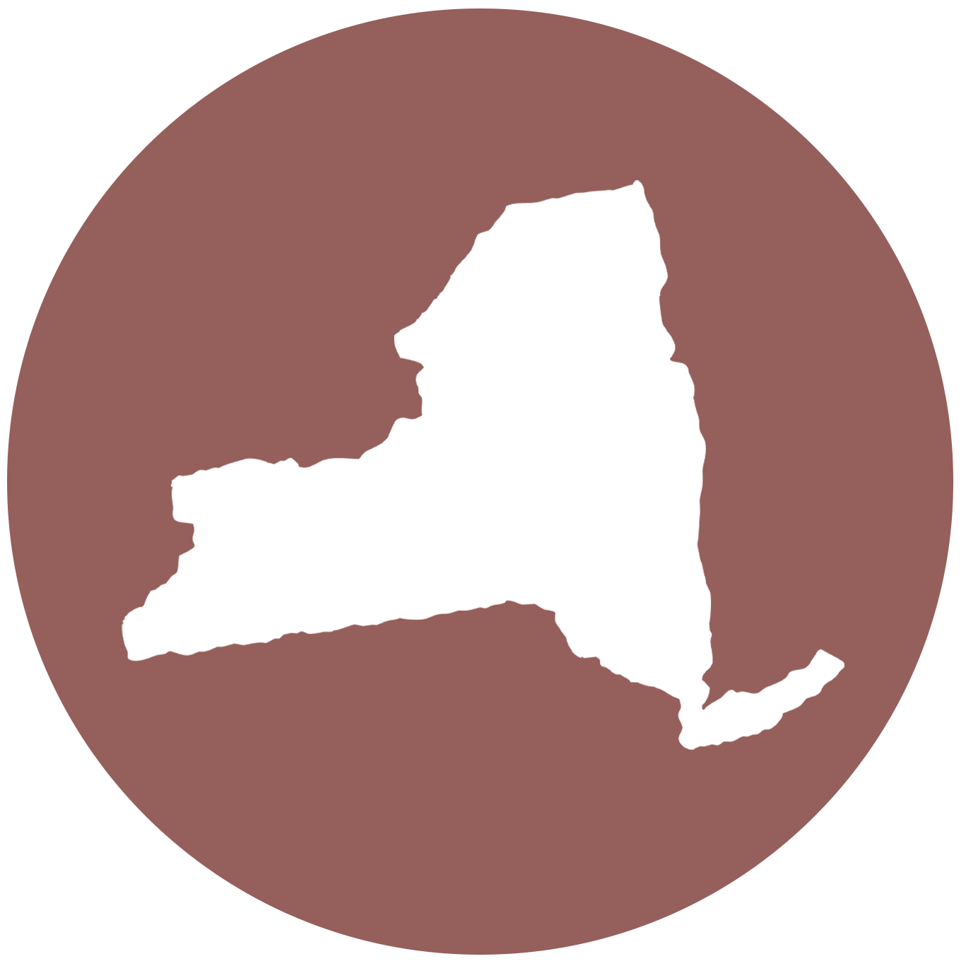 Black silhouette of the state of New York on a light brown circular background.