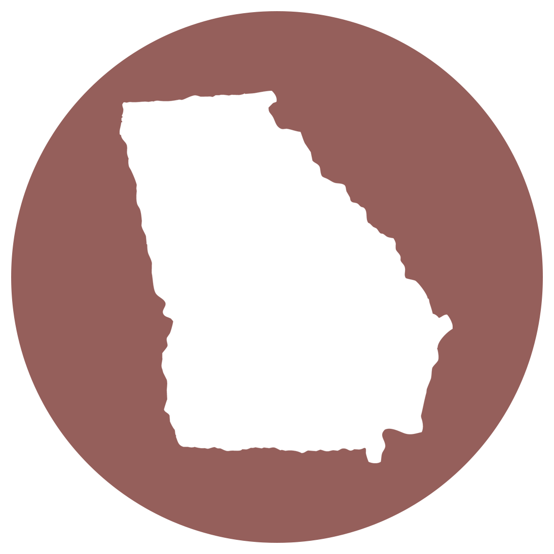 Silhouette of the state of Georgia inside a brown circle.