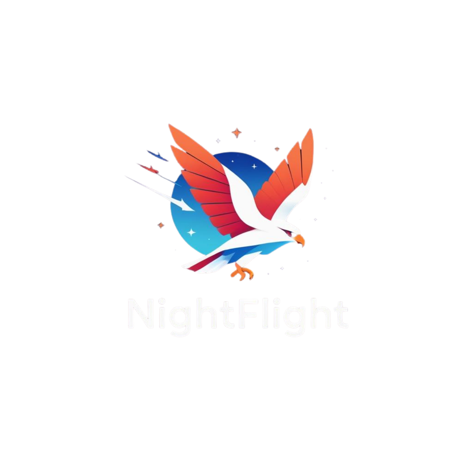 Logo for NightFlight featuring a stylized bird with red and white wings soaring in front of a blue circular background with stars.
