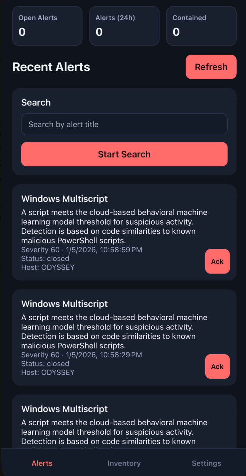 Computer software interface showing alert management system with sections for open alerts, recent alerts, search function, and alert details. Multiple Windows Multiscript alerts with statuses and acknowledgment buttons are visible.