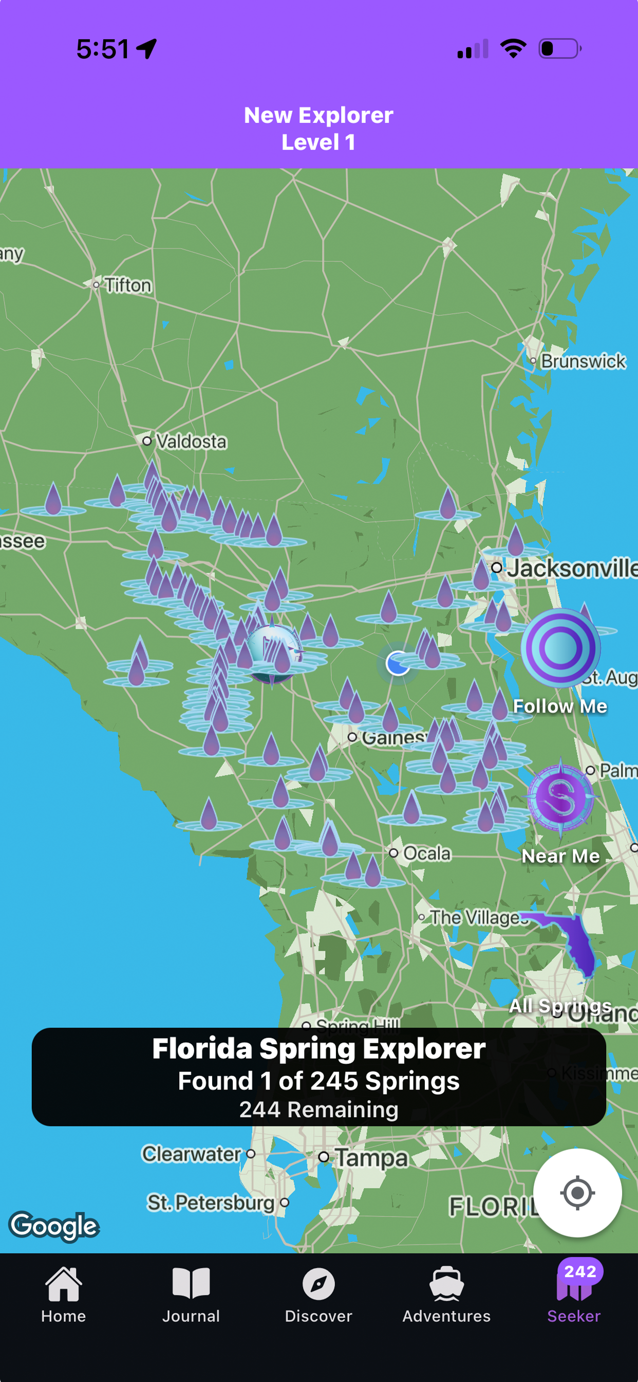 Map of Florida with numerous purple and blue markers indicating water springs, showing the Florida Spring Explorer app interface with the current spring count and navigation options.