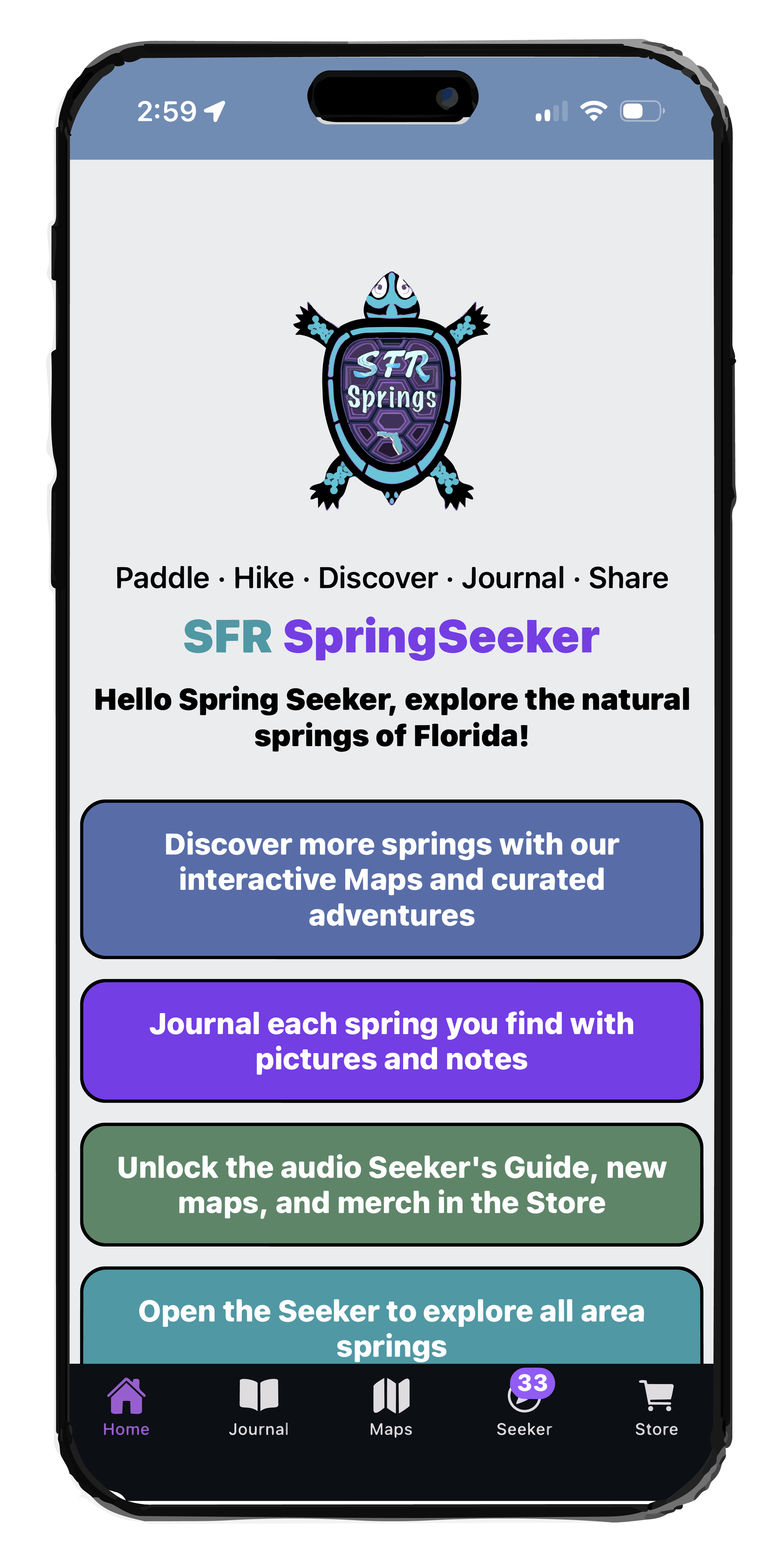 A cell phone with an app on the screen. The logo of the app is a purple and teal turtle