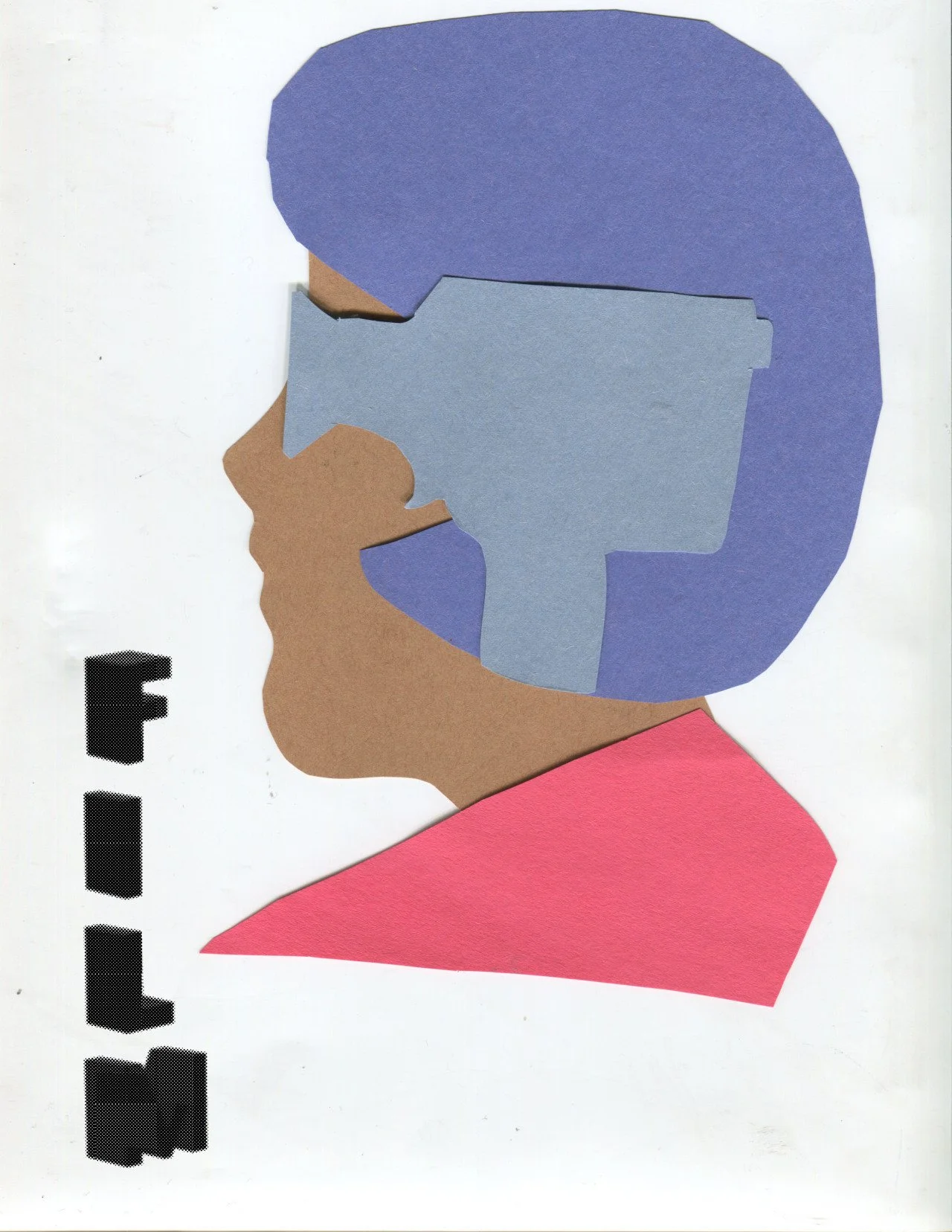 A collage of colored paper cutouts forming the profile of a person with purple hair, glasses, and a pink shirt, with the word 'FILE' written vertically in black letters on the left side.
