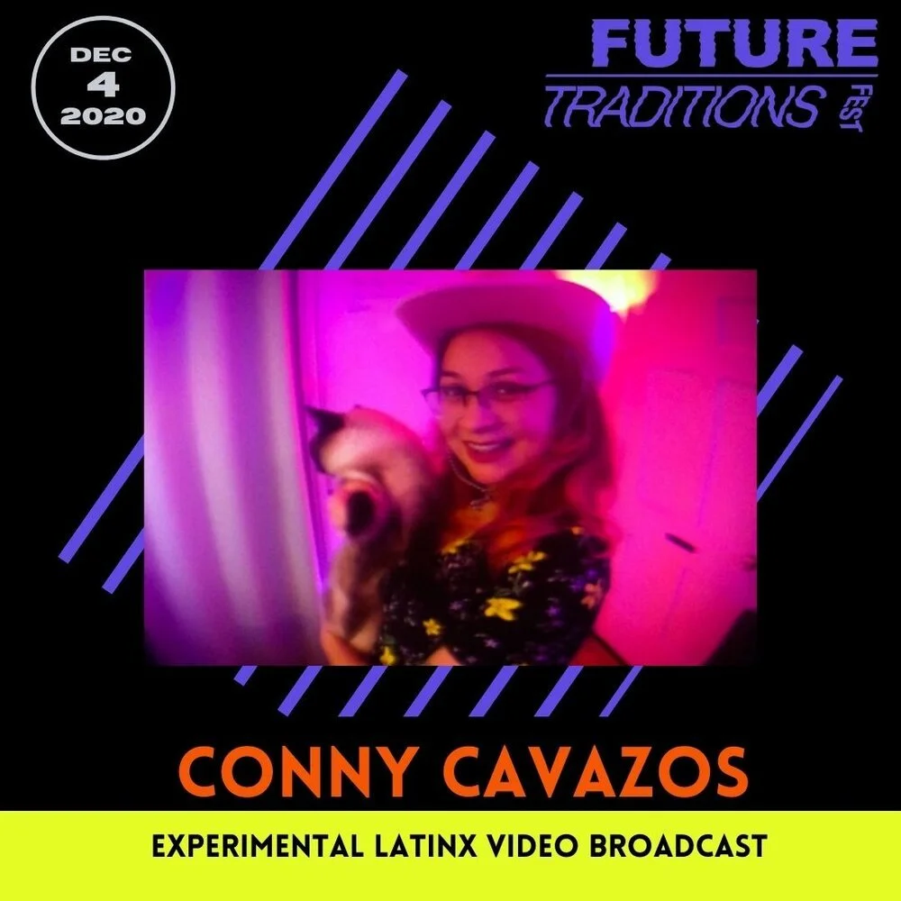 Poster for Future Traditions Fest on December 4, 2020, featuring a person wearing glasses and a cowboy hat, smiling and holding a dog, with a pink and purple lighting background.