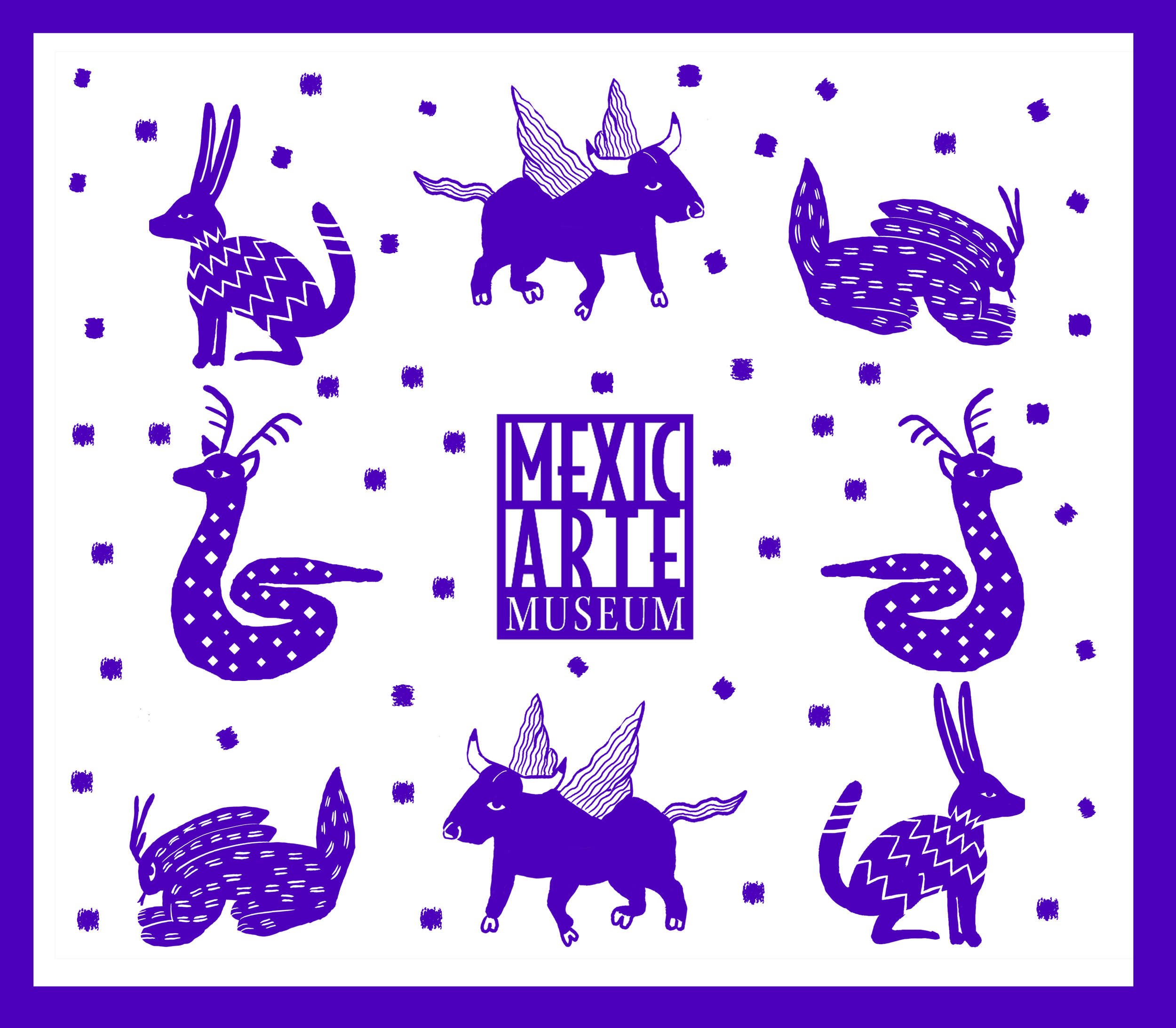 Illustration for Mexico Arte Museum featuring blue sketches of rabbits, winged bulls, serpents, and dotted squares on a white background, framed with a blue border.