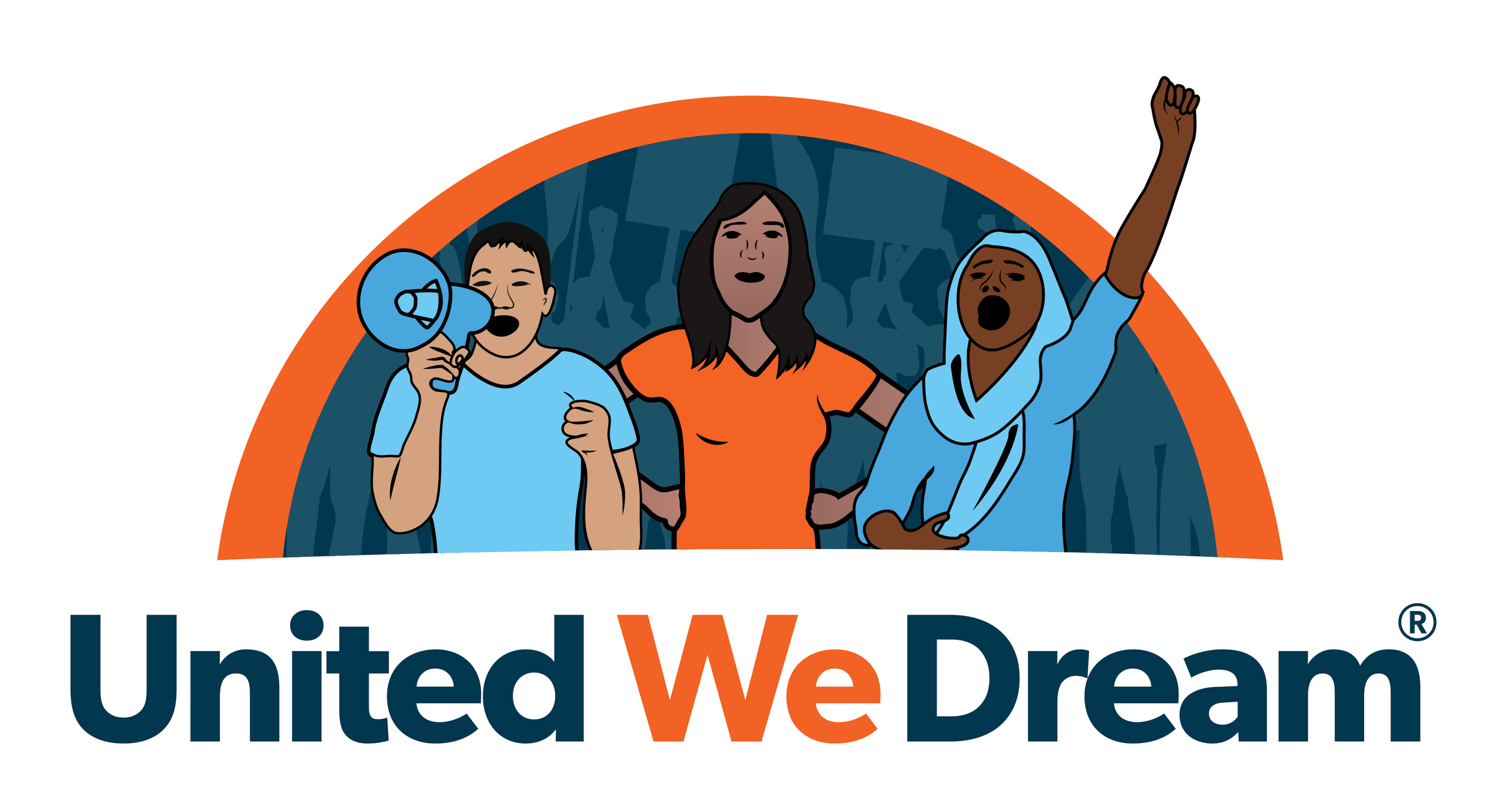 Illustration of diverse people protesting with a woman holding a megaphone, raising her fist, and the words "United We Dream" below.