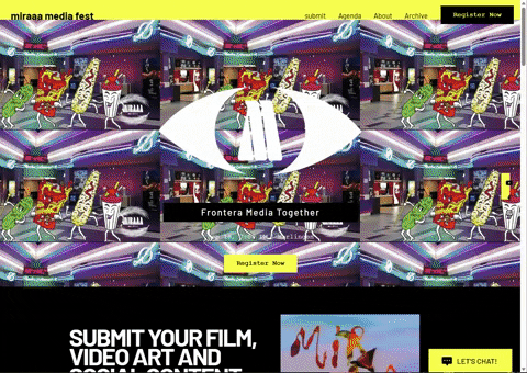 A colorful digital artwork featuring a carousel with cartoon animals and neon lights, promoting Miraaa Media Fest with registration and submission options.
