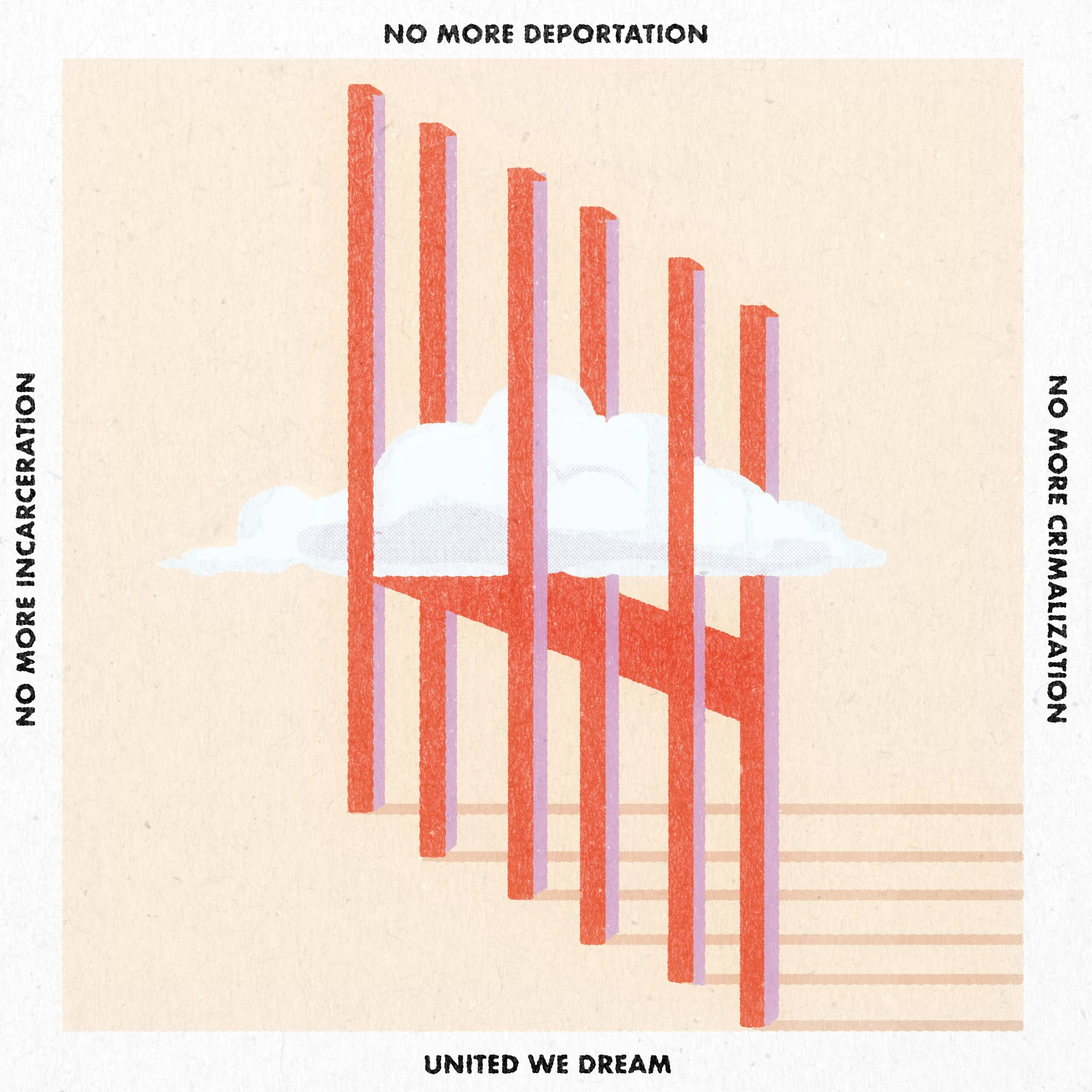 A protest poster with a bar chart showing decreasing bars and a cloud in the middle, symbolizing the decline of deportations and criminalization, with the slogans "No More Deportation," "No More Incarceration," "No More Criminalization," and "United 