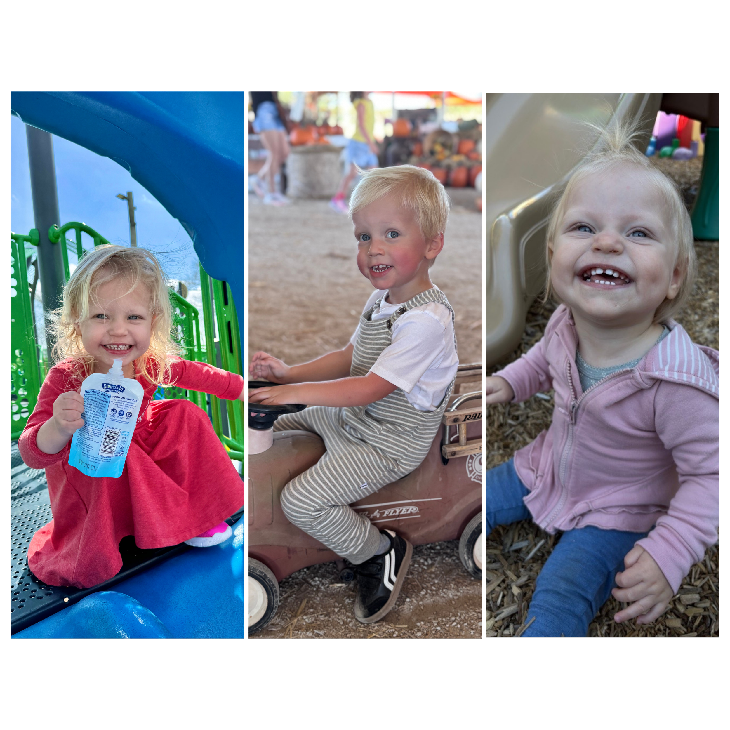 Three children playing outdoors: a girl in a red dress sitting on playground equipment, a boy with blonde hair riding a small vehicle at a fair, and a girl with blond hair and missing teeth sitting on wood chips at a park.