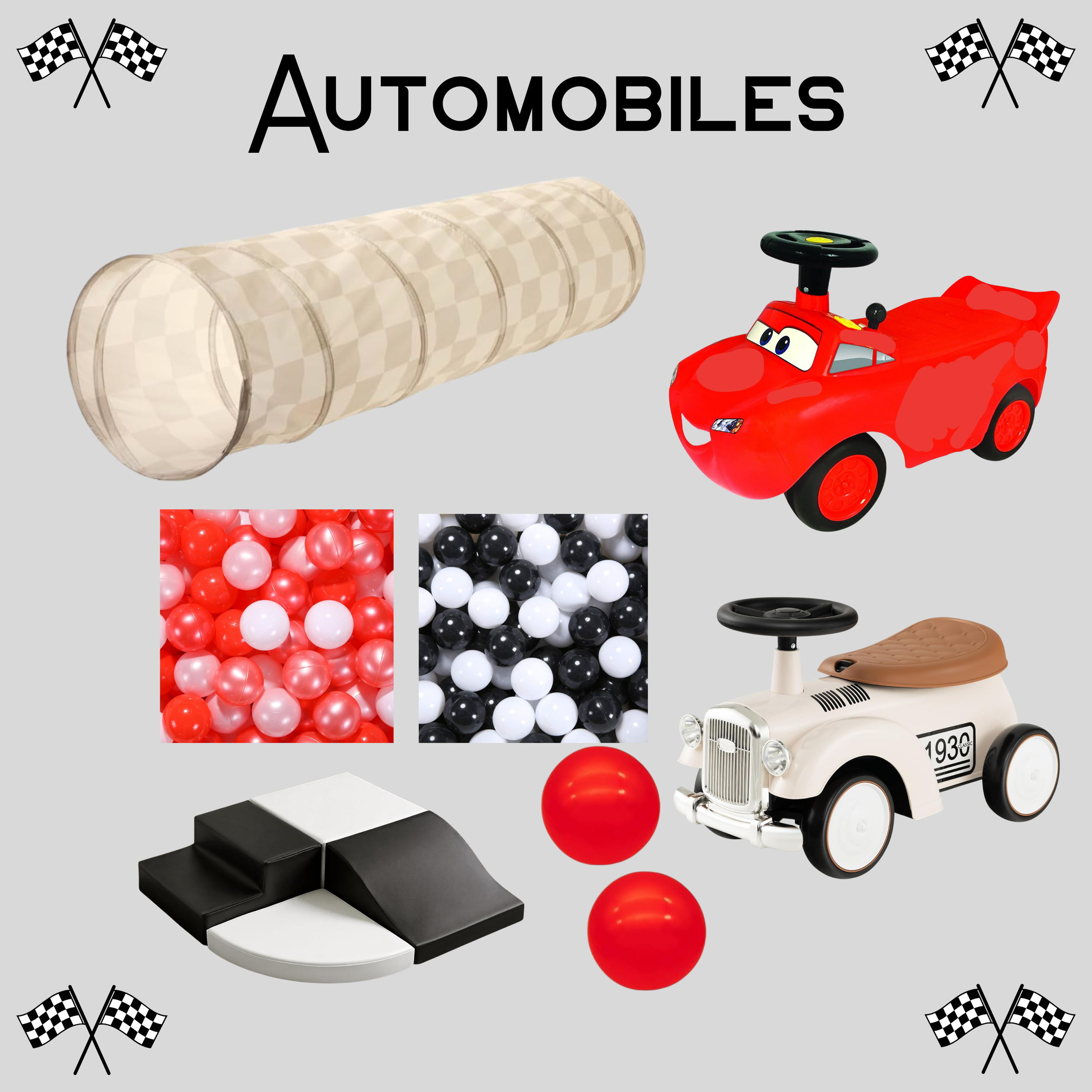This theme features: *a checkered tunnel*red, white, and black ball pit balls*black and white climbing blocks*red bouncy balls*red and white push cars*