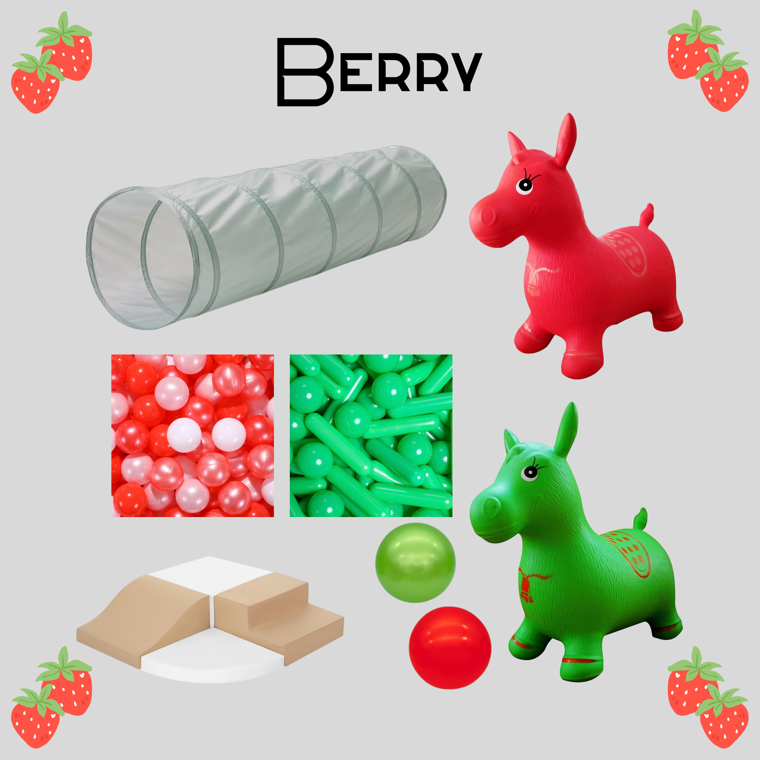 This theme features:
*a green tunnel*red, white, and green ball pit balls*beige climbing blocks*red and green bouncy balls*red and green horse hoppers