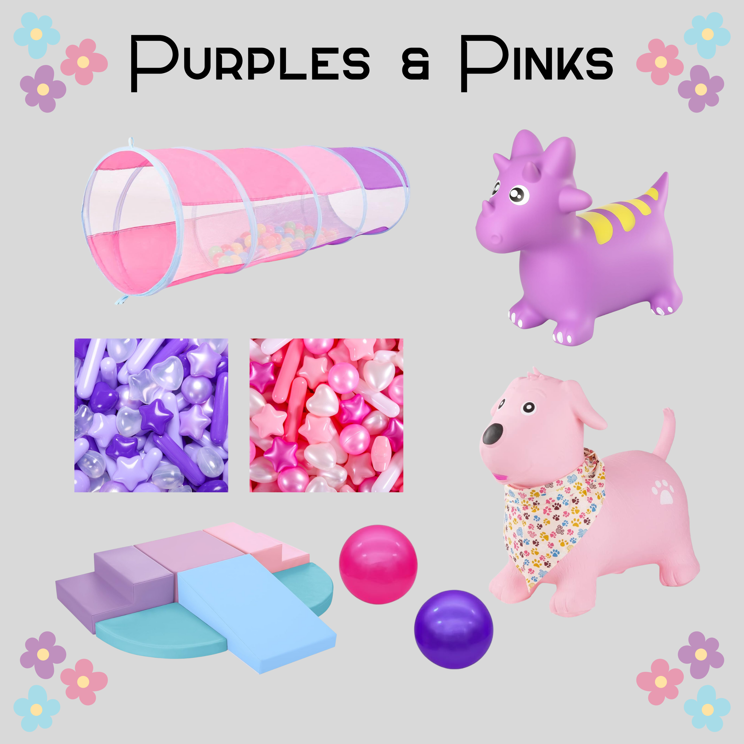 This theme features:
*a pink and purple tunnel*pink and purple ball pit balls*pink, purple, and blue climbing blocks*pink and purple bouncy balls*pink and purple hoppers