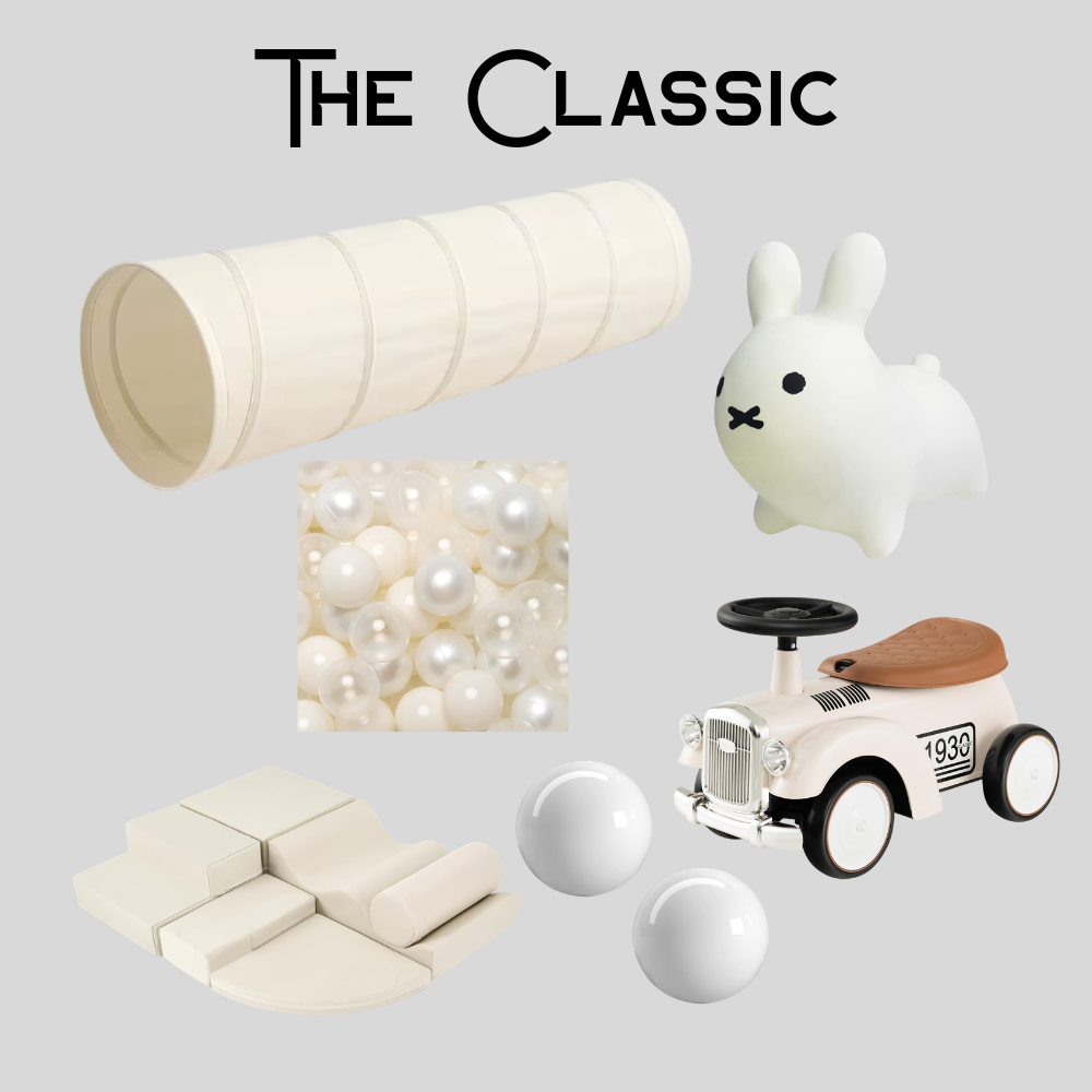 This theme features: *a beige tunnel*pearl/cream ball pit balls*cream climbing blocks*white bouncy balls*bunny hopper* white push car*