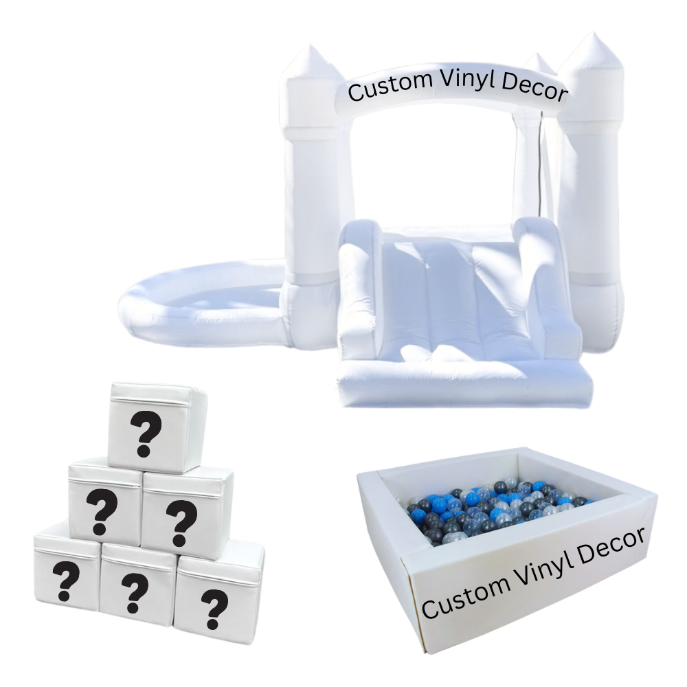 White bounce house, soft play blocks, and ball pit with custom vinyl decor for personalized children's party rentals for the Brightest Bloom