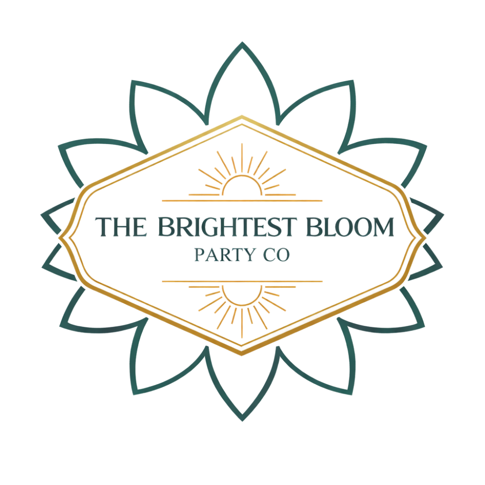 Logo with a flower design and the text "The Brightest Bloom Party Co." in the center.