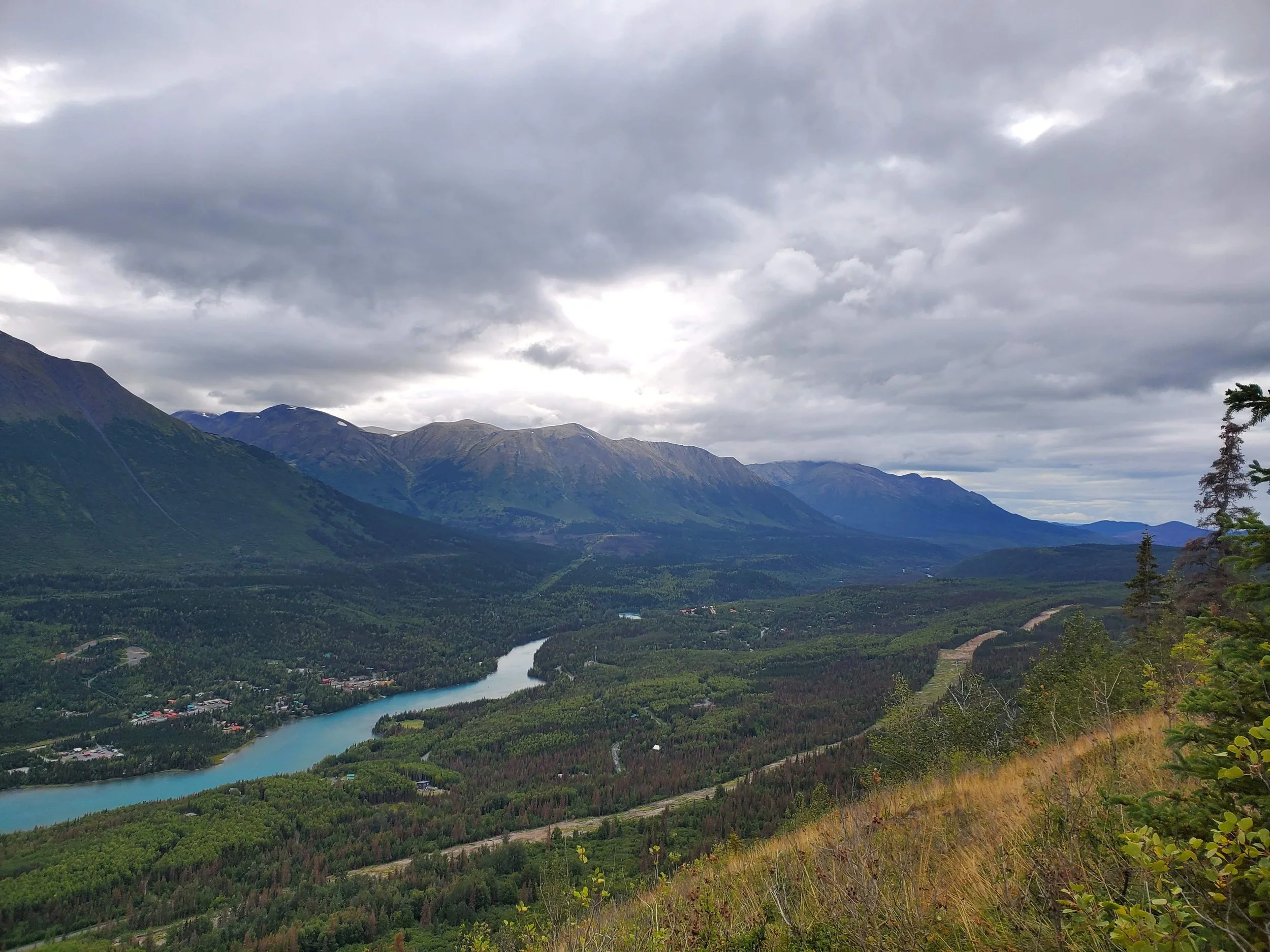 A scenic view of a river winding through a green valley surrounded by mountains under a cloudy sky.