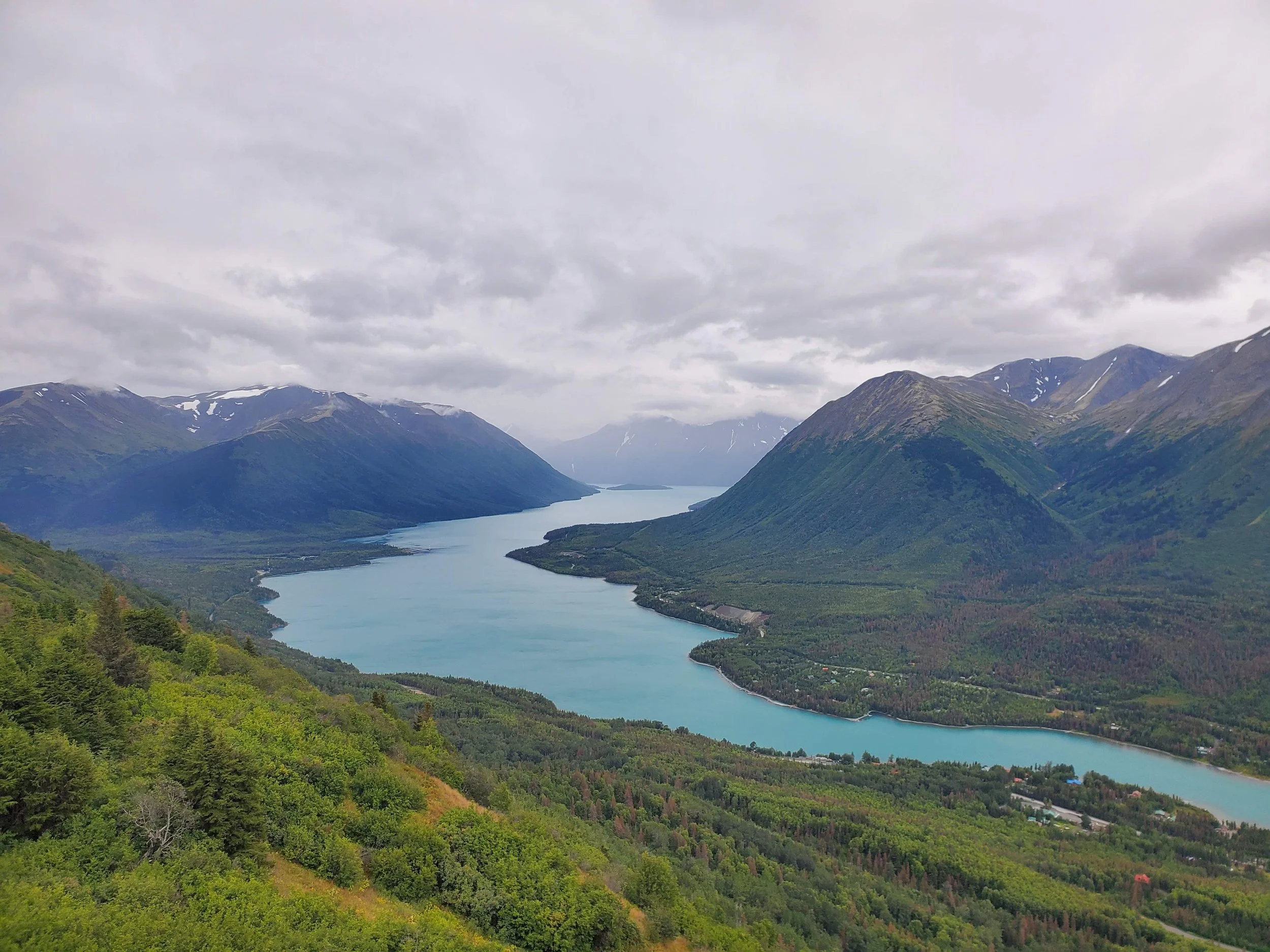 A scenic view of a winding river surrounded by green forested mountains under a cloudy sky.